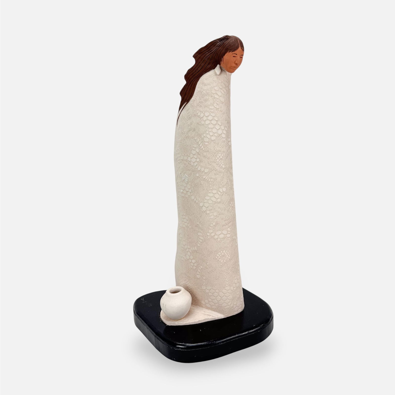 Native American Navajo Art Pottery Textured Woman w/Olla Sculpture w/Wood Base (1 of 7)