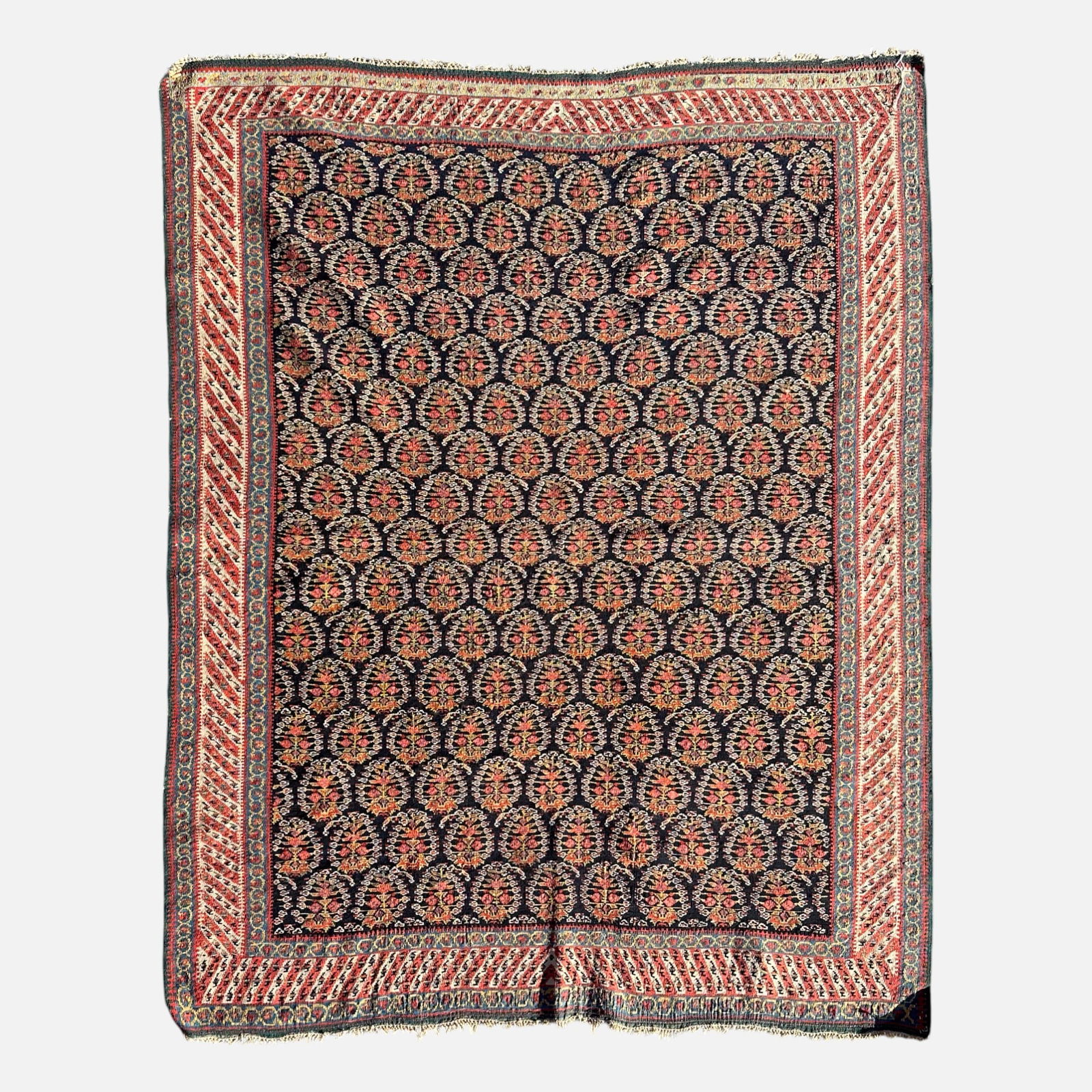 Semi-Antique Persian Senneh Hand-Knotted Wool Kilim 5' x 4': Good, with both ends with fringe wear, some minor losses, and light discoloration and fading as shown.For shipping, we highly recommend Donald Camden at UPS Store 4608. Alternatively, reach out to one