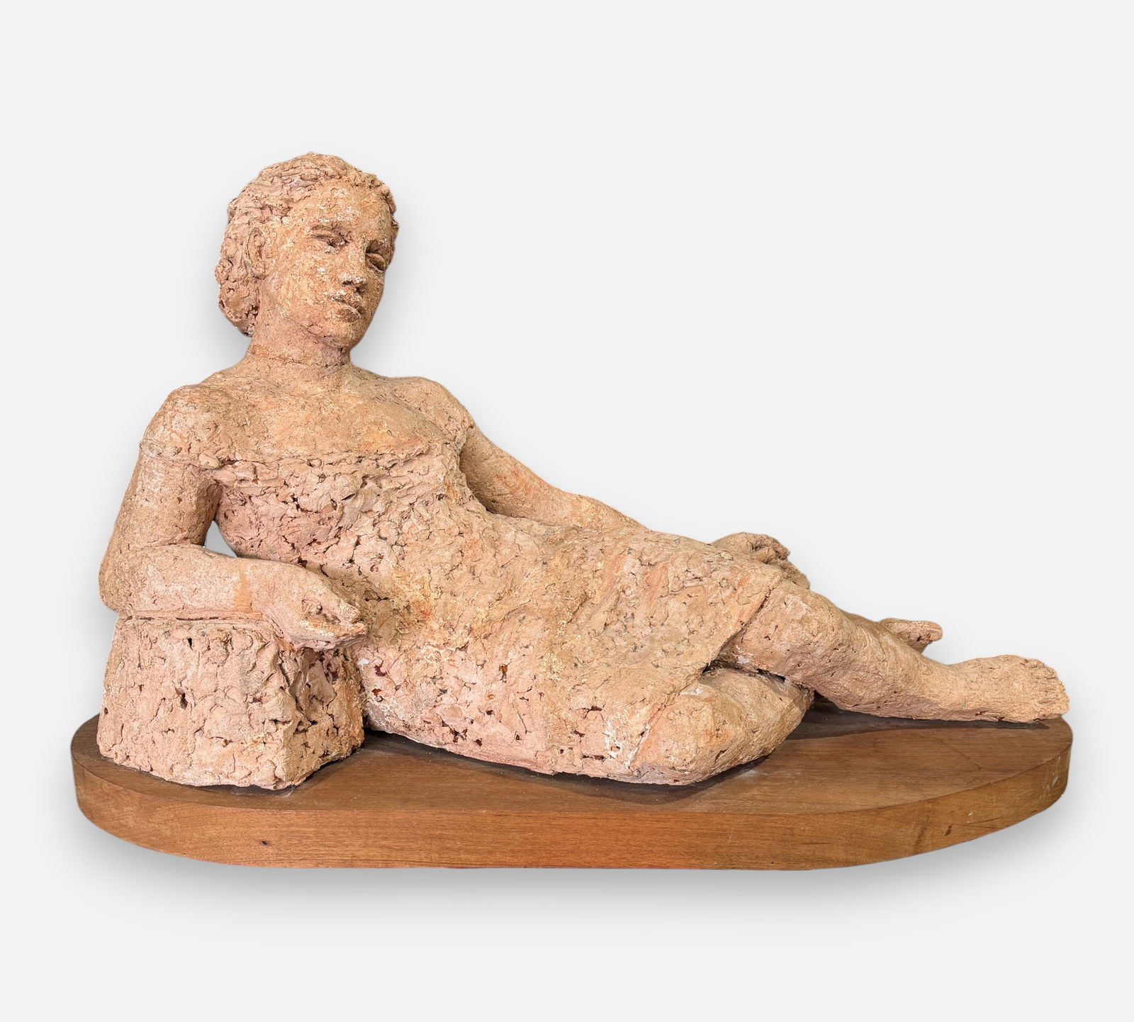 Karin Jonzen "Young Woman Reclining" 1995 Terracotta Sculpture: Karin Jonzen (English, 1914-1998), Young Woman Reclining 1995, terracotta sculpture. Apparently unsigned. Height not including base approx. 21". Good, with many minor repairs, apparent repair to crack