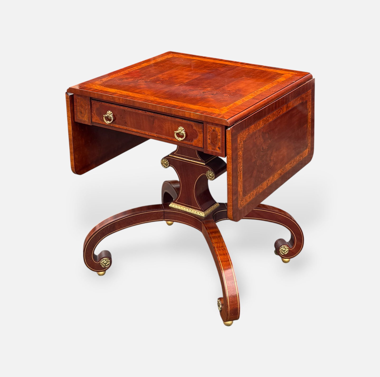 John Widdicomb Mario Buatta Burl Walnut Neoclassical 1-Drawer Drop-Leaf Table (1 of 9)