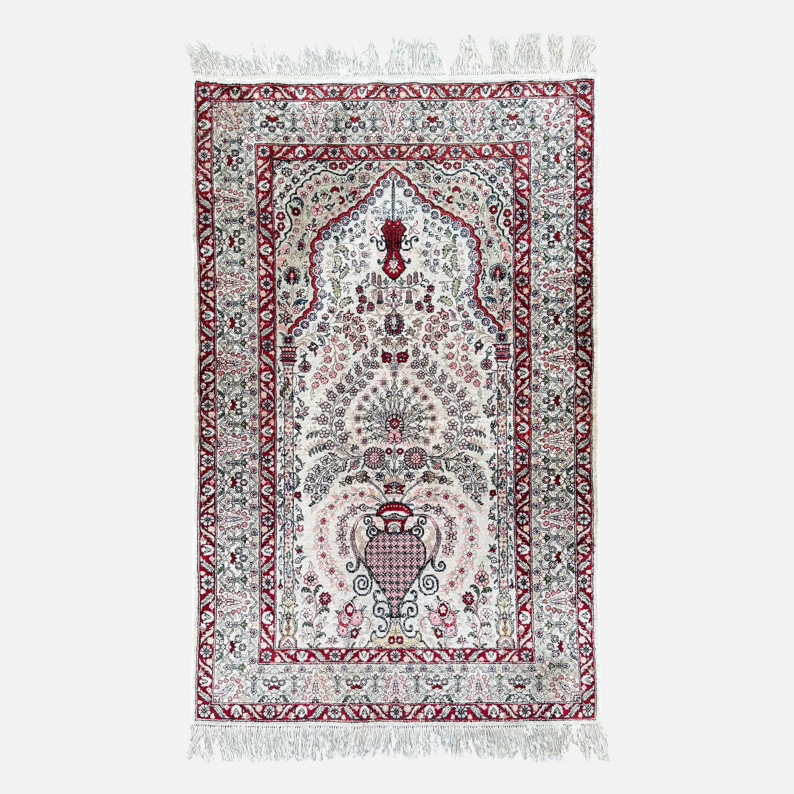 Persian Style Turkish Hereke Hand-Knotted Silk & Wool Prayer Rug 4' x 2' 6": Good lightly used condition.For shipping, we highly recommend Donald Camden at UPS Store 4608. Alternatively, reach out to one of our preferred shippers listed at the link below or elect for LiveShipp