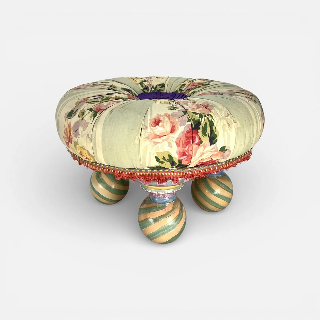 MacKenzie Childs Floral Upholstered Tuffet Ottoman Ceramic Ball Feet Footstool (1 of 7)