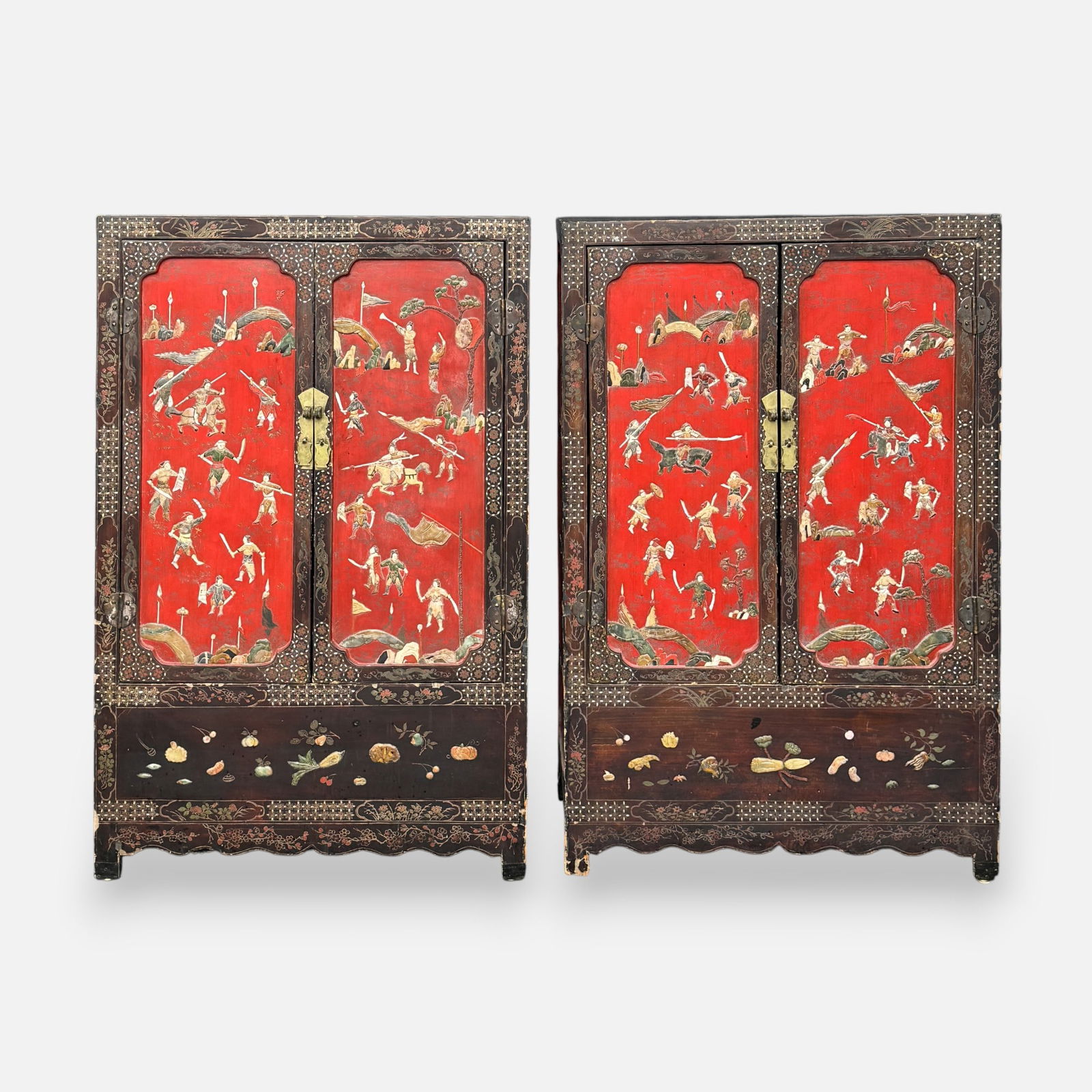 Pair Antique Japanese Meiji 2-Door Carved Hard Stone & Lacquer Wood Cabinets (1 of 8)
