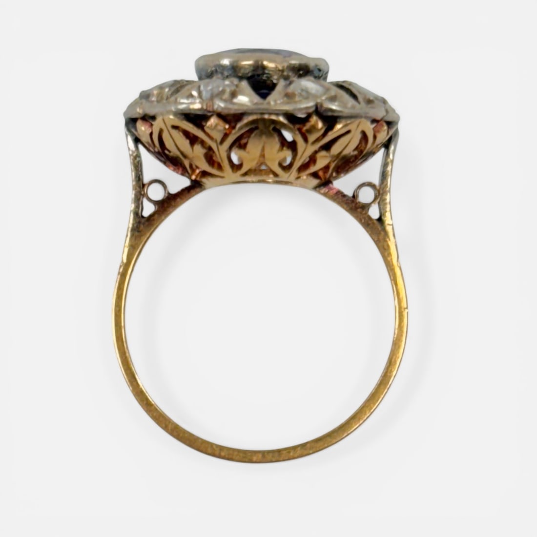 Antique 14K White/Yellow Gold Gemstone Cocktail Ring w/Sapphire & Mine-Cut Diamonds Sz 5.5 - 4