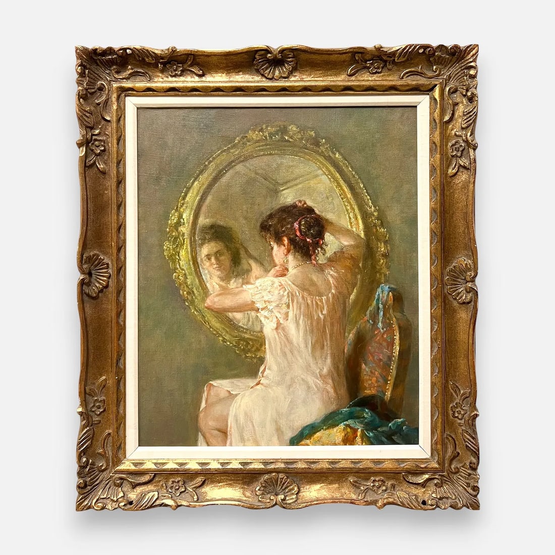 Nikolai Kozlenko "At the Mirror" Oil on Canvas Painting w/Hand Carved Frame: Nikolai Kozlenko (Russian, 1952-2017), signed and titled to verso. See photo of receipt from Abbott Gallery. Receipt not included. Stretcher size approx. 24" x 20".For shipping, we highly recommend Do