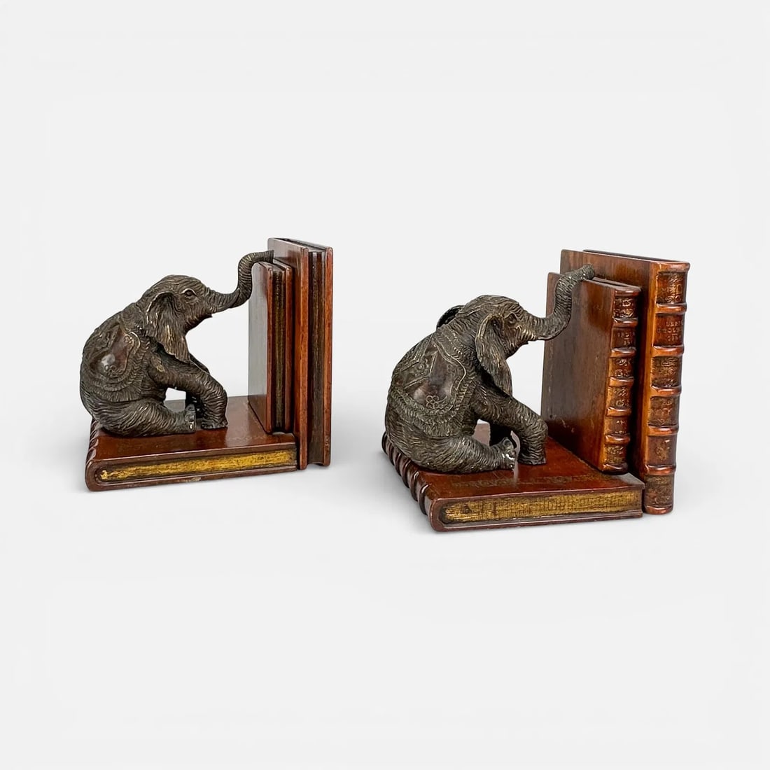 Pair Theodore Alexander Seated Bronze Figural Elephants Faux Leather Bound Book Bookends (1 of 8)
