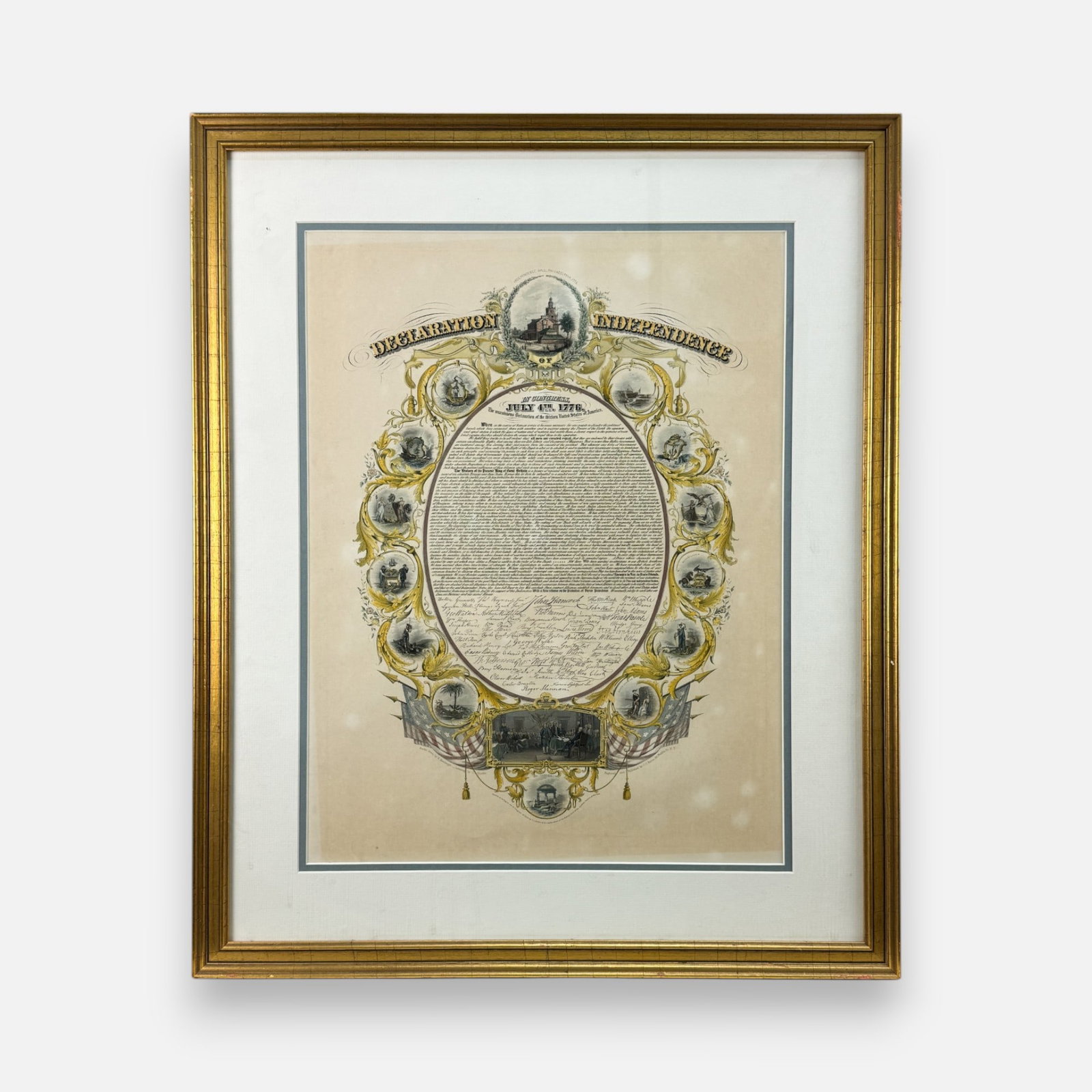 John Buttre "Declaration of Independence" 1856 Hand Colored Engraving Framed Print: Good with overall toning and discoloration. Framed, matted, and sealed. Unexamined out of frame. Approx. sight size 19" x 14 1/2".For shipping, we highly recommend Donald Camden at UPS Store 4608. Alt