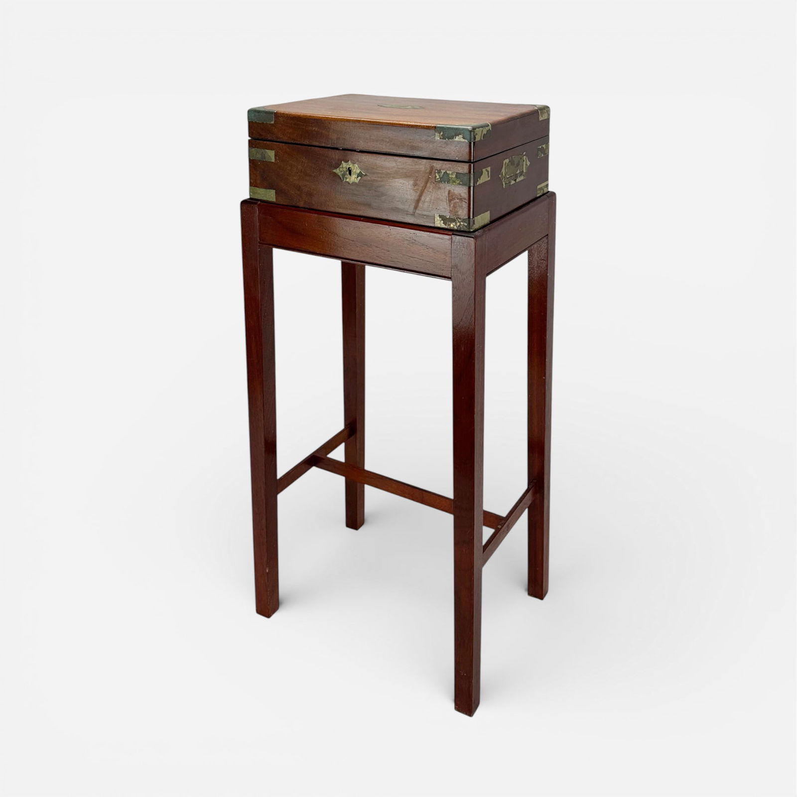 Antique Coromandel Dressing Box w/Silver Plate Glass Jars Vanity Set on Stand: Ca. late 19th to early 20thC. Fair to good, with shown age-appropriate wear.For shipping, we highly recommend Donald Camden at UPS Store 4608. Alternatively, reach out to one of our preferred shippers