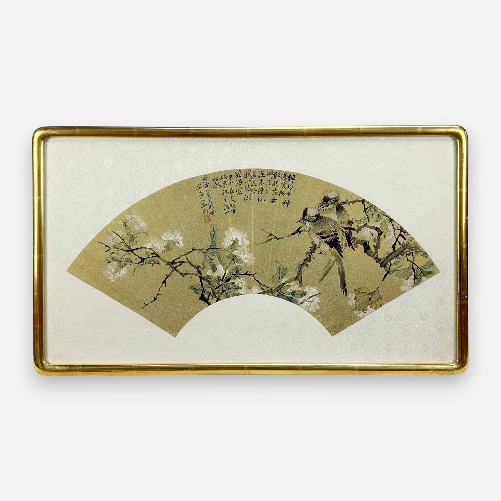 Early 20thC Chinese Ink w/Color Plum Blossom and Songbirds Fan Leaf Painting: Good, with minor spots of discoloration. Approx. painting size 9" x 20". Framed and sealed as shown. Unexamined out of frame.For shipping, we highly recommend Donald Camden at UPS Store 4608. Alternat