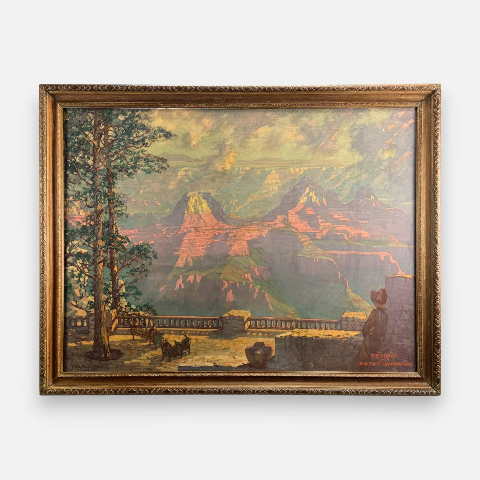 Harry Raymond Henry "Grand Canyon from Union Pacific Grand Canyon Lodge" Advertising Poster: Plate signed lower left, titled lower right. See loss top left corner. Otherwise, good sight condition. Framed, matted, and sealed under glass. Unexamined out of frame. Approx. sight size 23 3/4" x 31