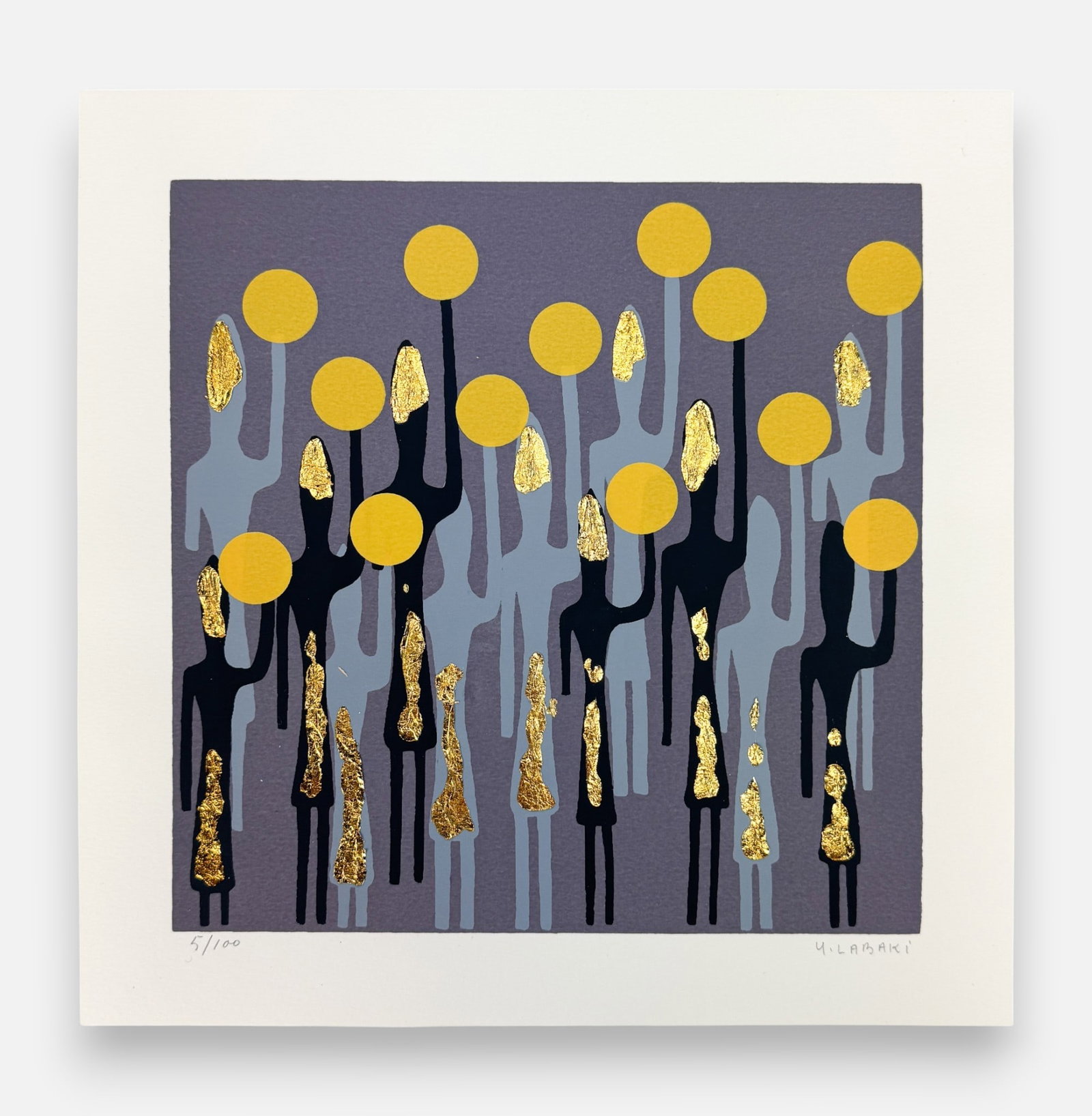 Yolande Labaki MES PHENICIENS Limited Ed. Gold Leaf Lithograph Print #1: Yolande Labaki (Lebanese, b. 1927), lithograph w/gold leaf from the series MES PHENICIENS, pencil signed and numbered #5/100 below image as shown. Approx. image size 8 1/4" x 8 1/4".For shipping, we h