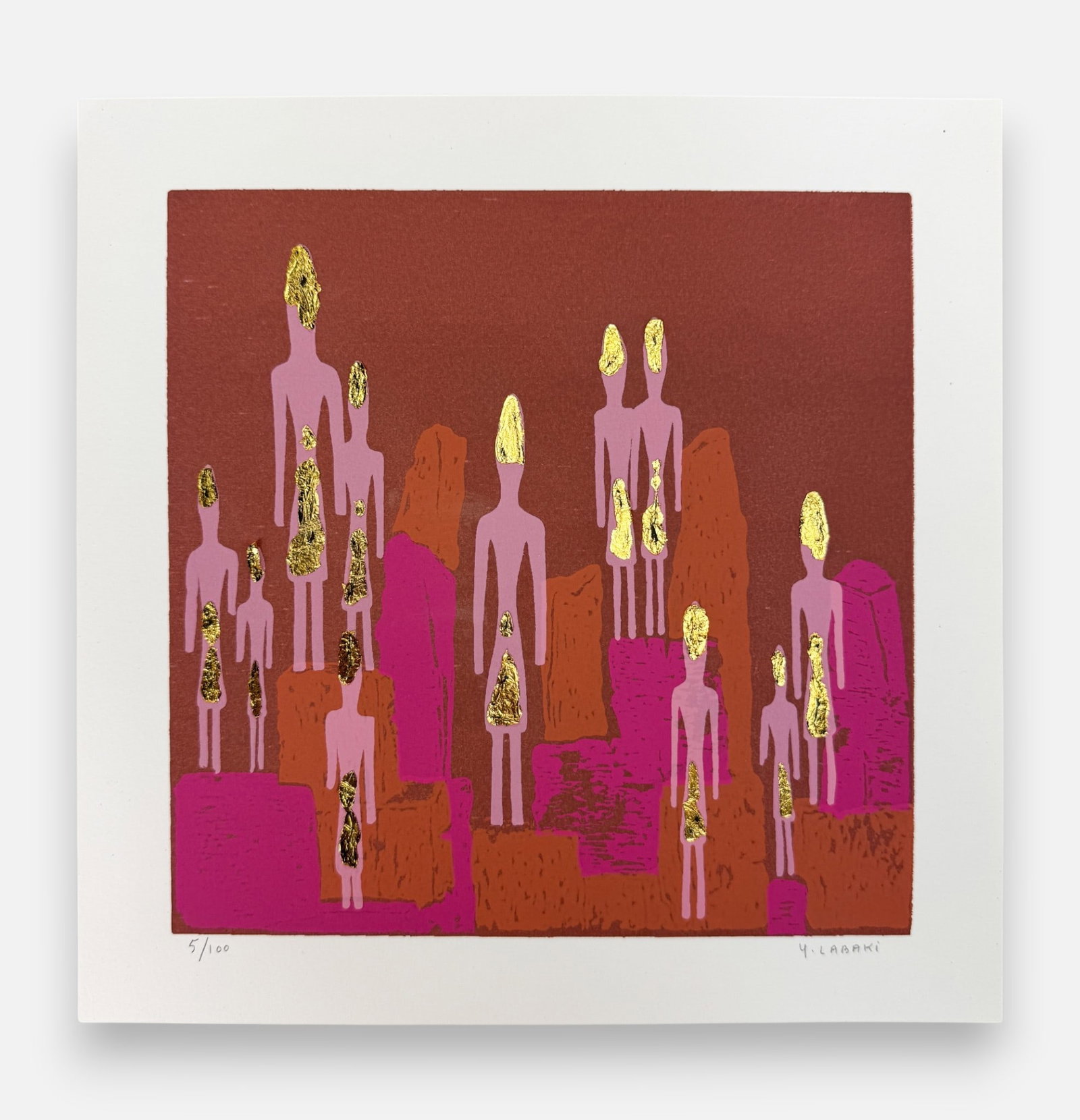 Yolande Labaki MES PHENICIENS Limited Ed. Gold Leaf Lithograph Print #2: Yolande Labaki (Lebanese, b. 1927), lithograph w/gold leaf from the series MES PHENICIENS, pencil signed and numbered #5/100 below image as shown. Approx. image size 8 1/4" x 8 1/4".For shipping, we h