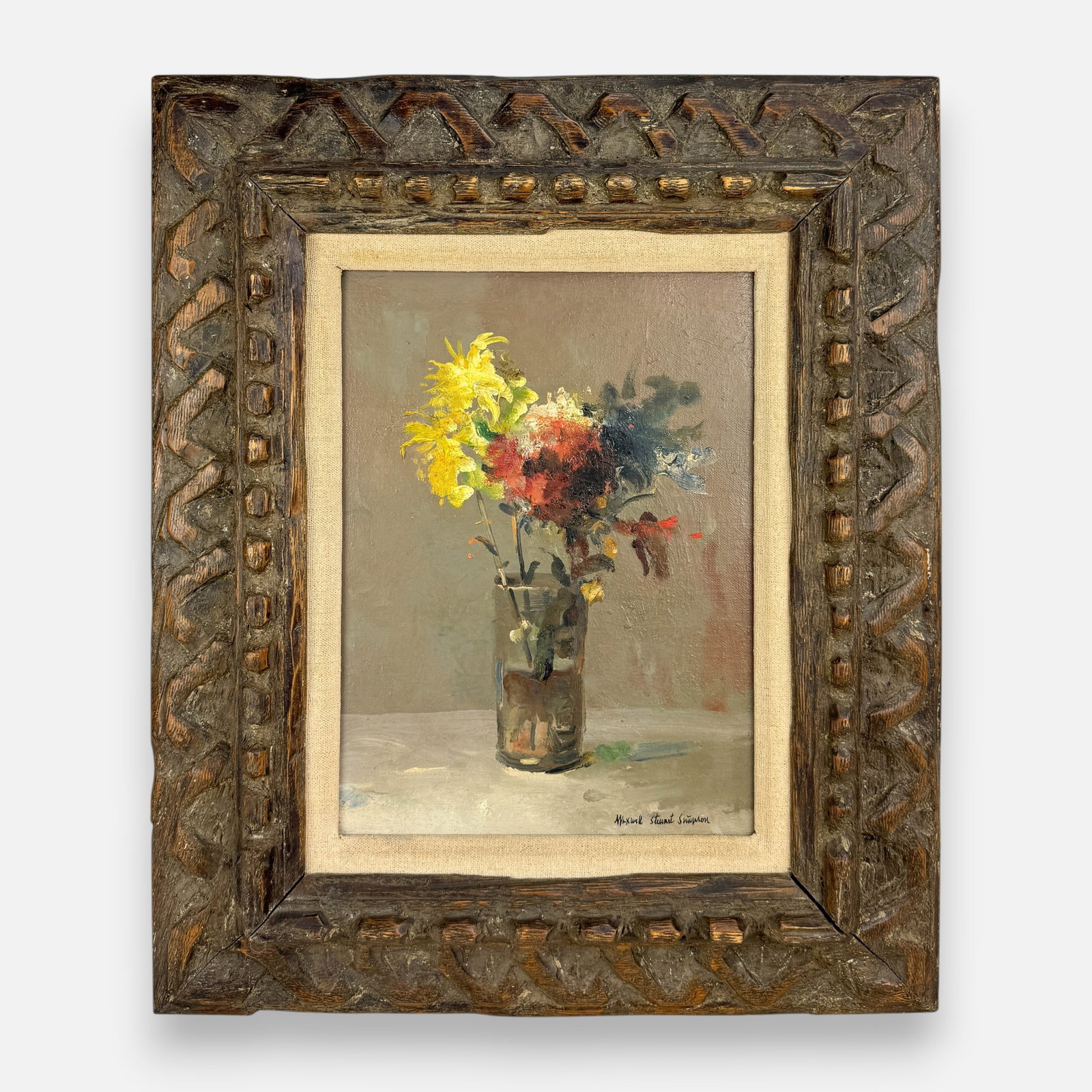 Maxwell Stewart Simpson Still Life Floral Bouquet Oil on Canvas Painting: Maxwell Stewart Simpson (American, 1896-1984), oil painting on canvas, signed lower right. Approx. canvas size 12" x 9". Very good with some very minor scuffs and discoloration.For shipping, we highly