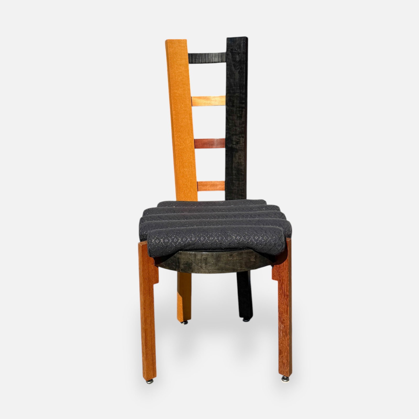 Artist Signed "Mini" Memphis Style Bench Made Exotic Hardwood Art Chair #1: Signed, dated 1992, and titled "Mini" as shown. Good condition, with minor scuffs. For shipping, we highly recommend Donald Camden at UPS Store 4608. Alternatively, reach out to one of our preferred s