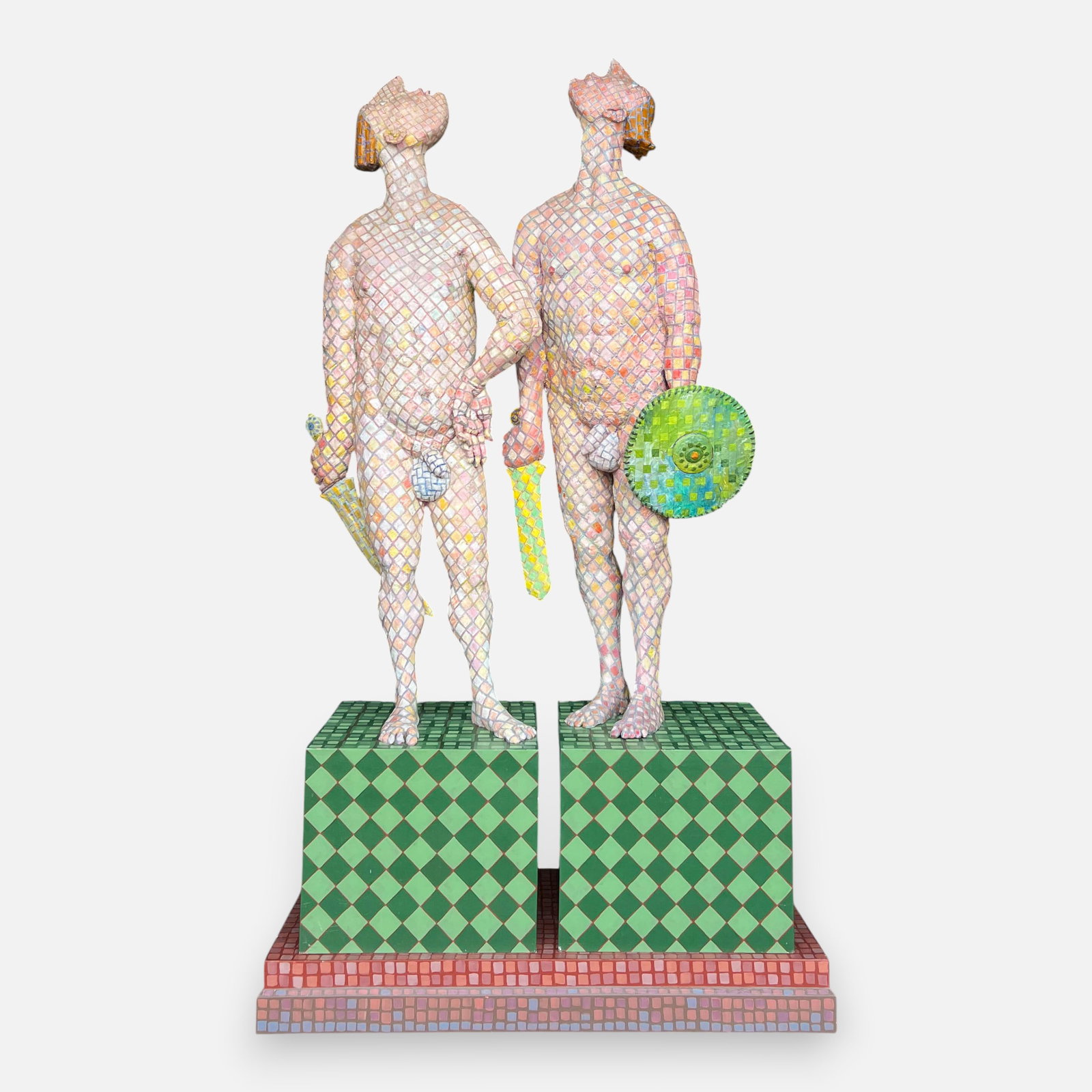 Herb Witenstein "Gilgamesh and Enkidu" Painted Fiberglass Sculptures on Wood Base: Herb Witenstein (American, contemporary), Gilgamesh and Enkidu, painted fiberglass sculpture, Very good condition as shown. Just sculpture height approx. 67".For shipping, we highly recommend Donald C