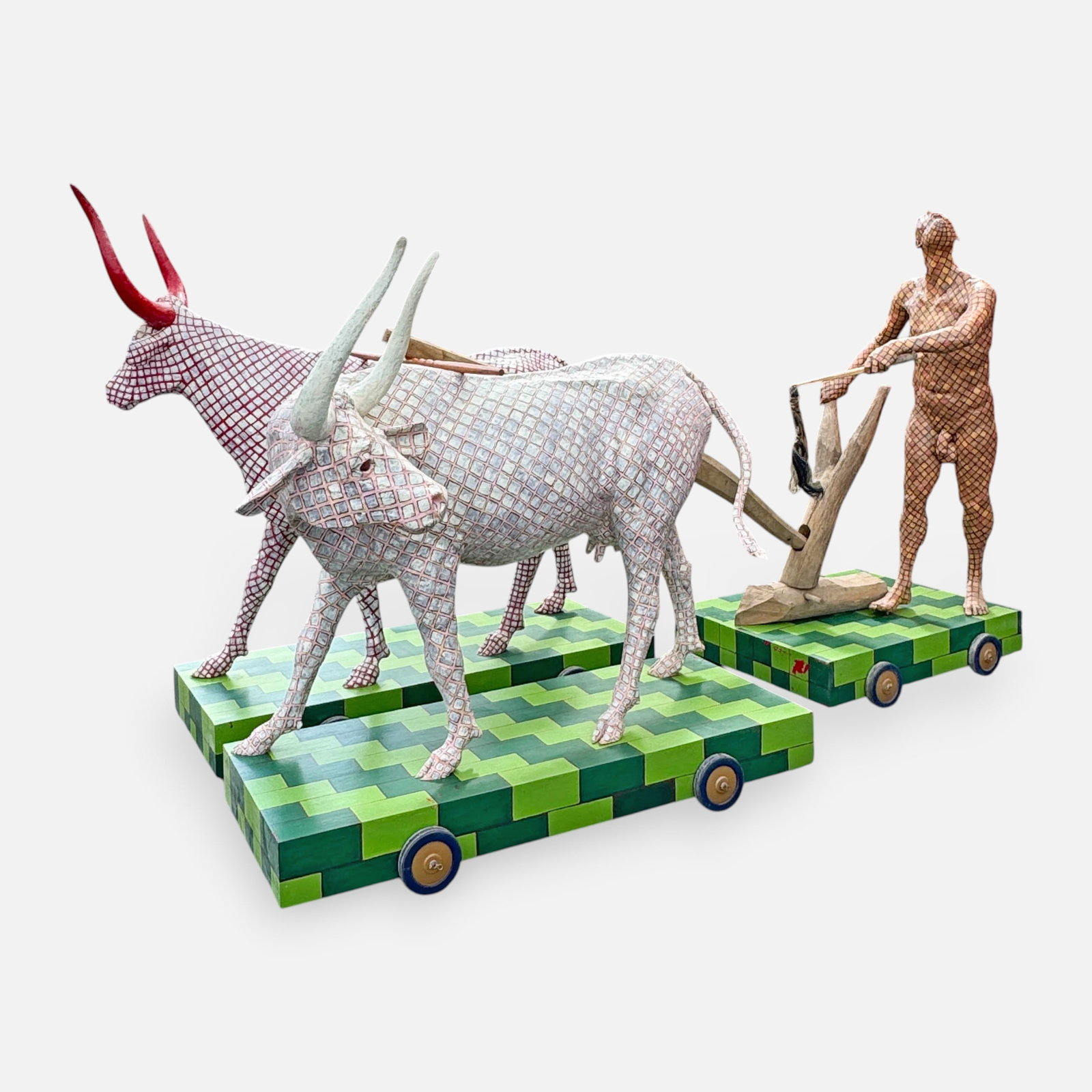 Herb Witenstein "Egyptian Farmer and Oxen" Painted Fiberglass Sculpture Group on Wood Bases: Herb Witenstein (American, contemporary), Egyptian Farmer and Oxen, dated 99, painted fiberglass sculpture, Very good condition as shown. Man with whip measures approx. 66 1/2" high. One bull measures