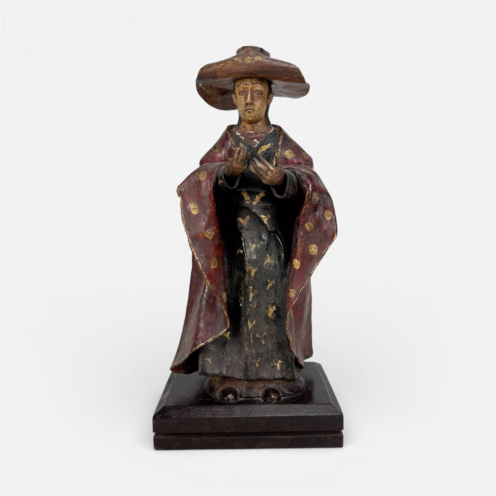 Very Unusual Antique Hand Carved & Painted Wood Santo Figurine w/Painted Robe & Wide Brim Hat (1 of 6)