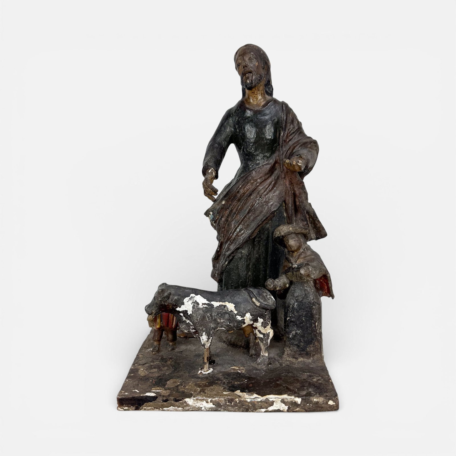 Antique Hand Carved & Painted Wood Santo Group w/Saint, Bull, Lamb, and Little Red Child: Fair to good age-appropriate condition as shown.For shipping, we highly recommend Donald Camden at UPS Store 4608. Alternatively, reach out to one of our preferred shippers listed at the link below or