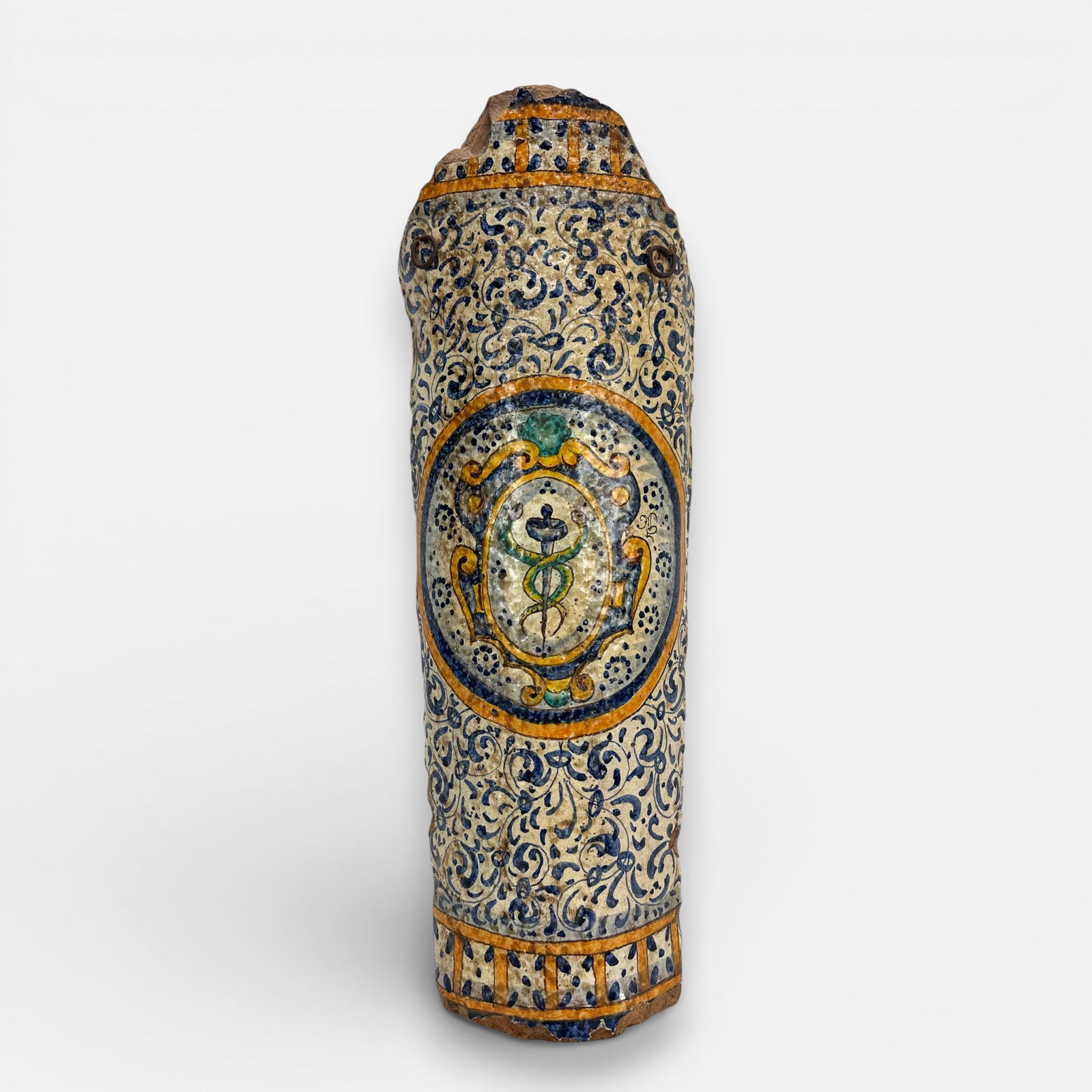 Antique 18thC Italian Hand Painted Terra Cotta Roof Tile w/Caduceus Doctors Symbol: Fair to good age-appropriate condition, with shown discoloration, edge wear, chips to edges.For shipping, we highly recommend Donald Camden at UPS Store 4608. Alternatively, reach out to one of our pr