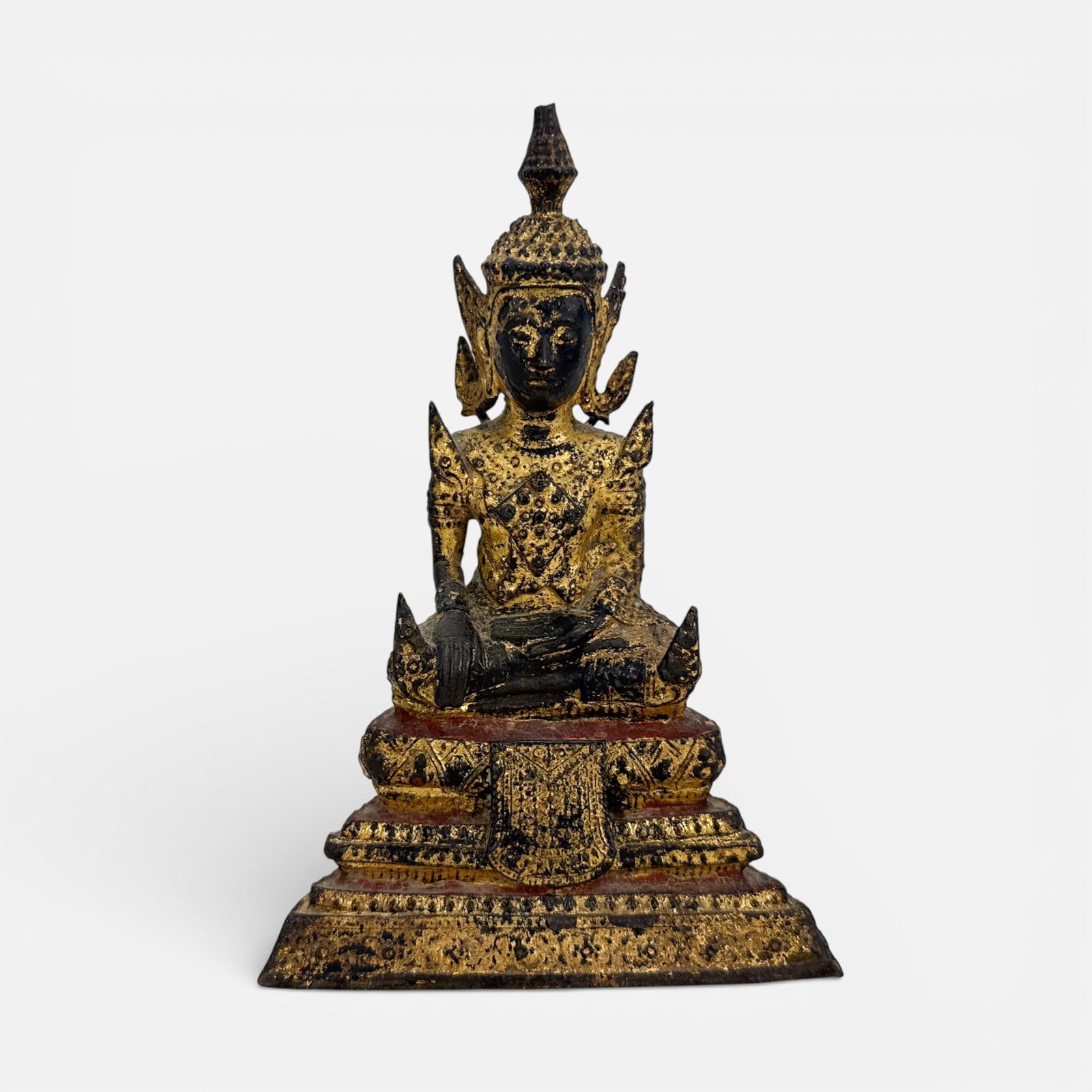 Antique Thai Buddhist Cast Iron Statue w/Gilt Painted Surface: Good age-appropriate condition, with apparent break to top of head, some other points.For shipping, we highly recommend Donald Camden at UPS Store 4608. Alternatively, reach out to one of our preferre