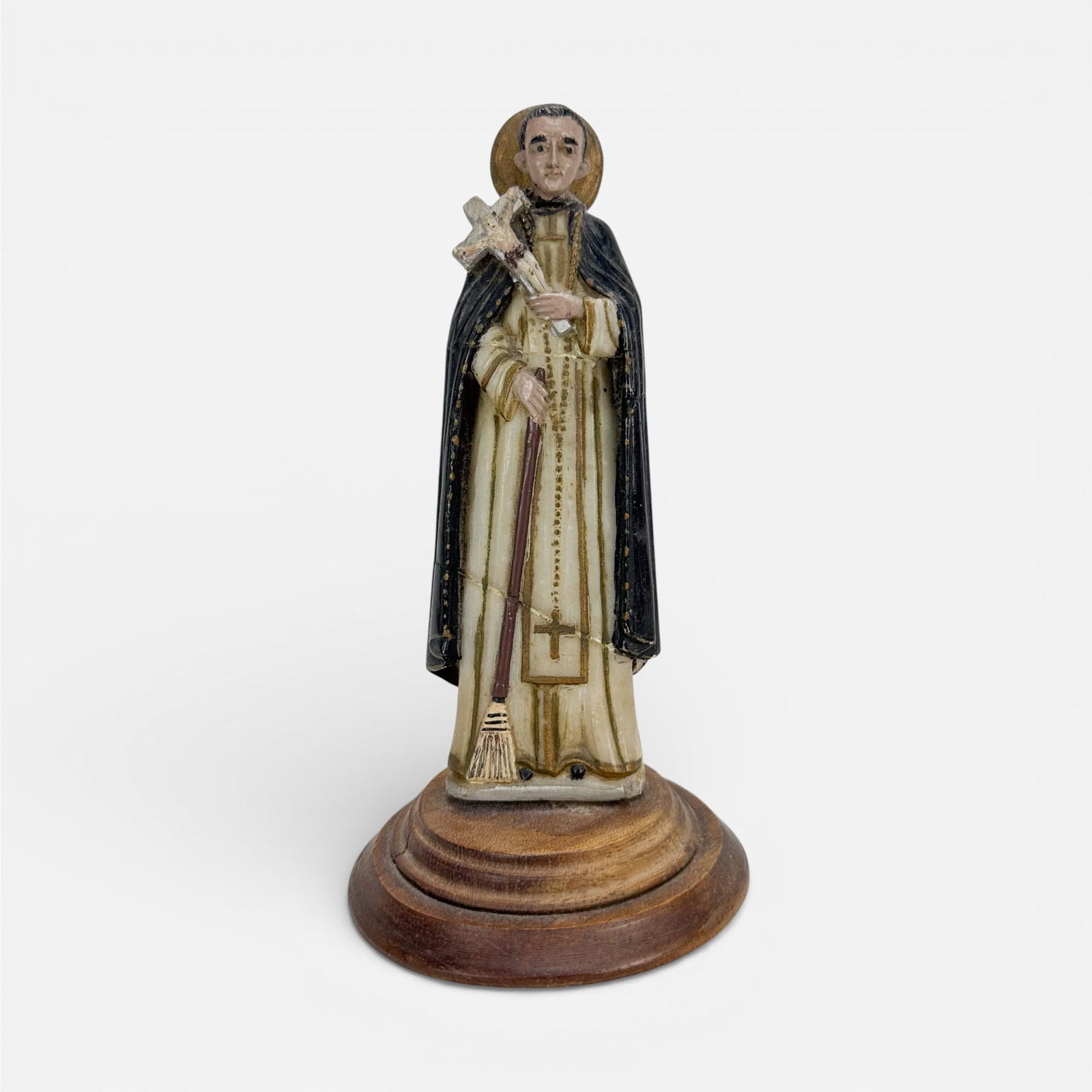 Antique Carved & Painted Wood Santo Figure of Martin de Porres: Good age-appropriate condition, with shown scuffs and scratches.For shipping, we highly recommend Donald Camden at UPS Store 4608. Alternatively, reach out to one of our preferred shippers listed at t