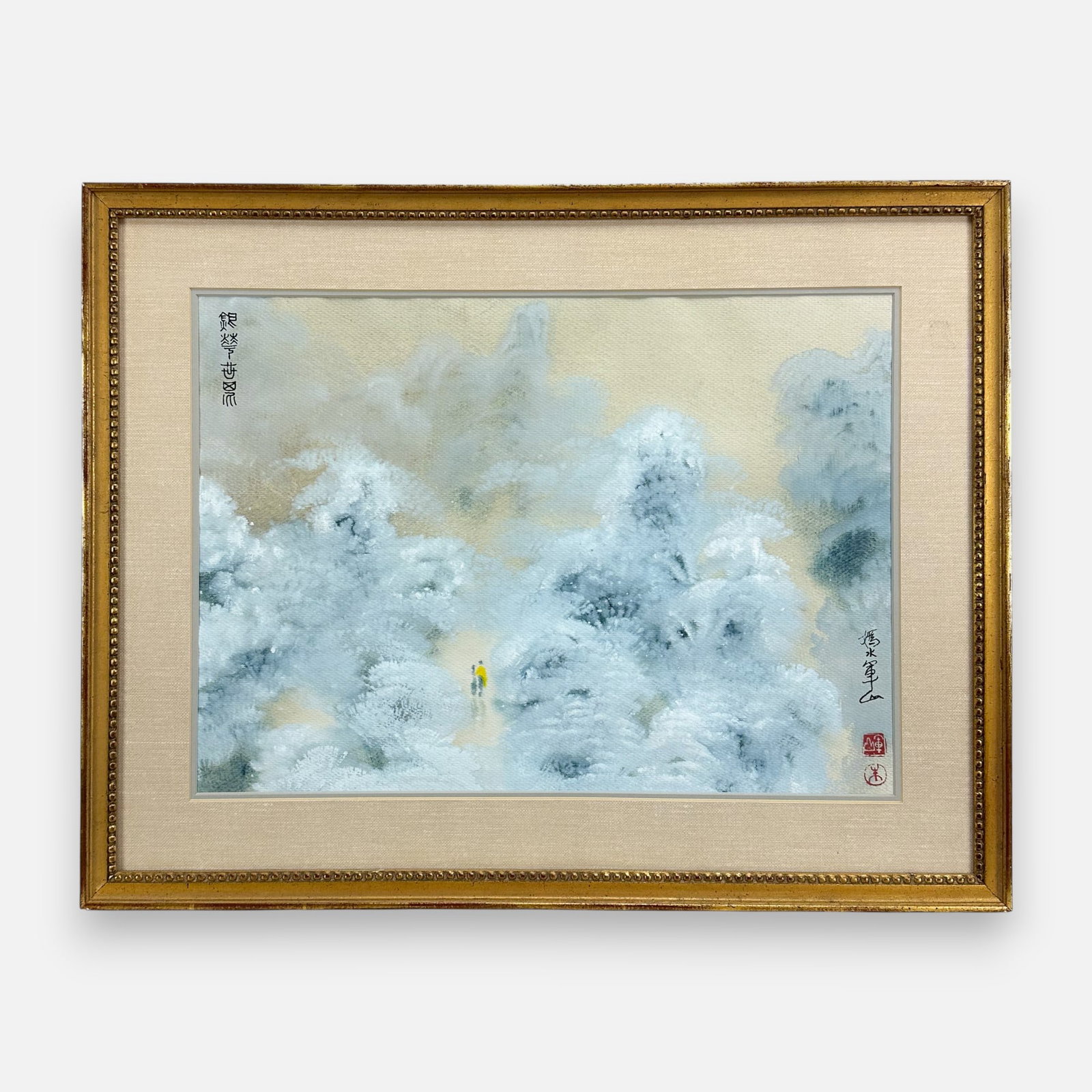 Early 20thC Acrylic on Canvas Couple Walking Through Snowy Forrest Landscape Painting: Approx. sight size 14 3/4" x 21". Framed, matted, and sealed under glass.For shipping, we highly recommend Donald Camden at UPS Store 4608. Alternatively, reach out to one of our preferred shippers li
