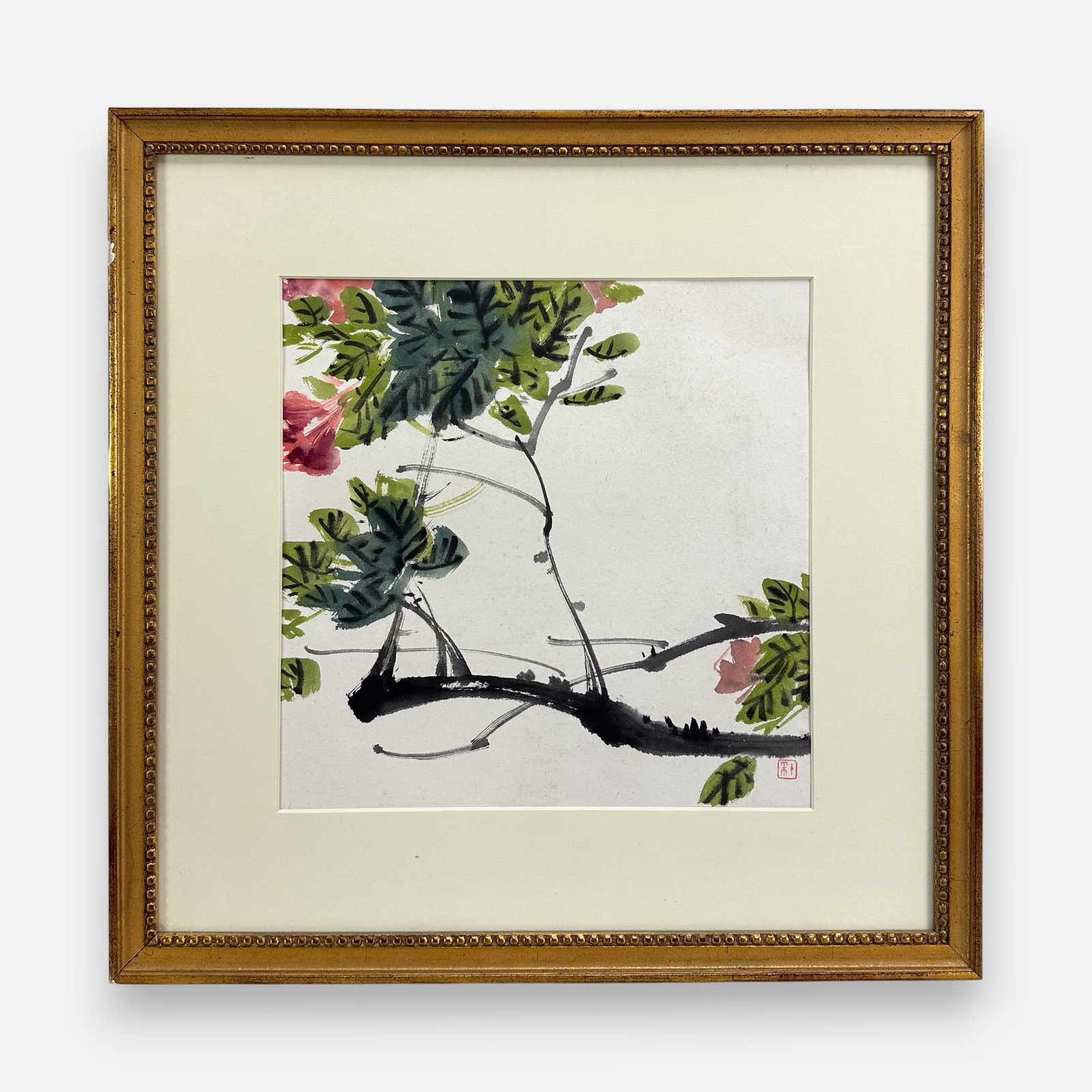 Early 20thC Chinese Ink w/Color Floral Tree Branch Painting: Approx. sight size 12 1/4" x 12". Framed, matted, and sealed under glass.For shipping, we highly recommend Donald Camden at UPS Store 4608. Alternatively, reach out to one of our preferred shippers li