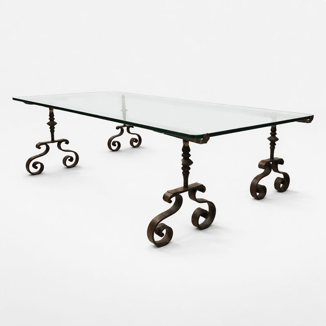 Antique Blacksmith Forged Wrought Iron Table Base w/Replaced Glass Top: Modern construction with old base. Good, with shown bite.For shipping, we highly recommend Donald Camden at UPS Store 4608. Alternatively, reach out to one of our preferred shippers listed at the link