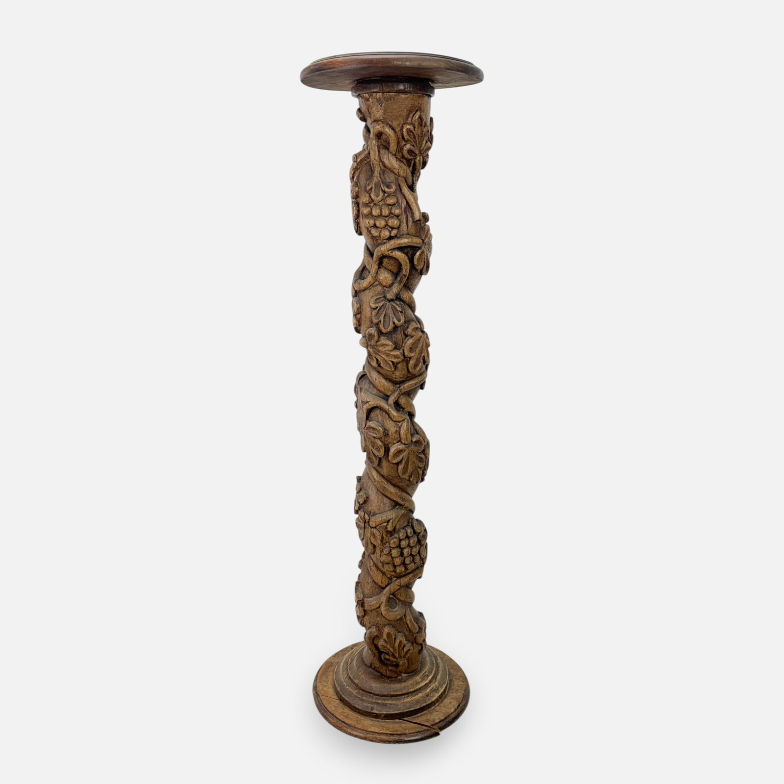 Folk Art Carved Wood Grapevine Barley Twist Pedestal Column Plant Stand: See break to base. Otherwise, good.For shipping, we highly recommend Donald Camden at UPS Store 4608. Alternatively, reach out to one of our preferred shippers listed at the link below or elect for Li