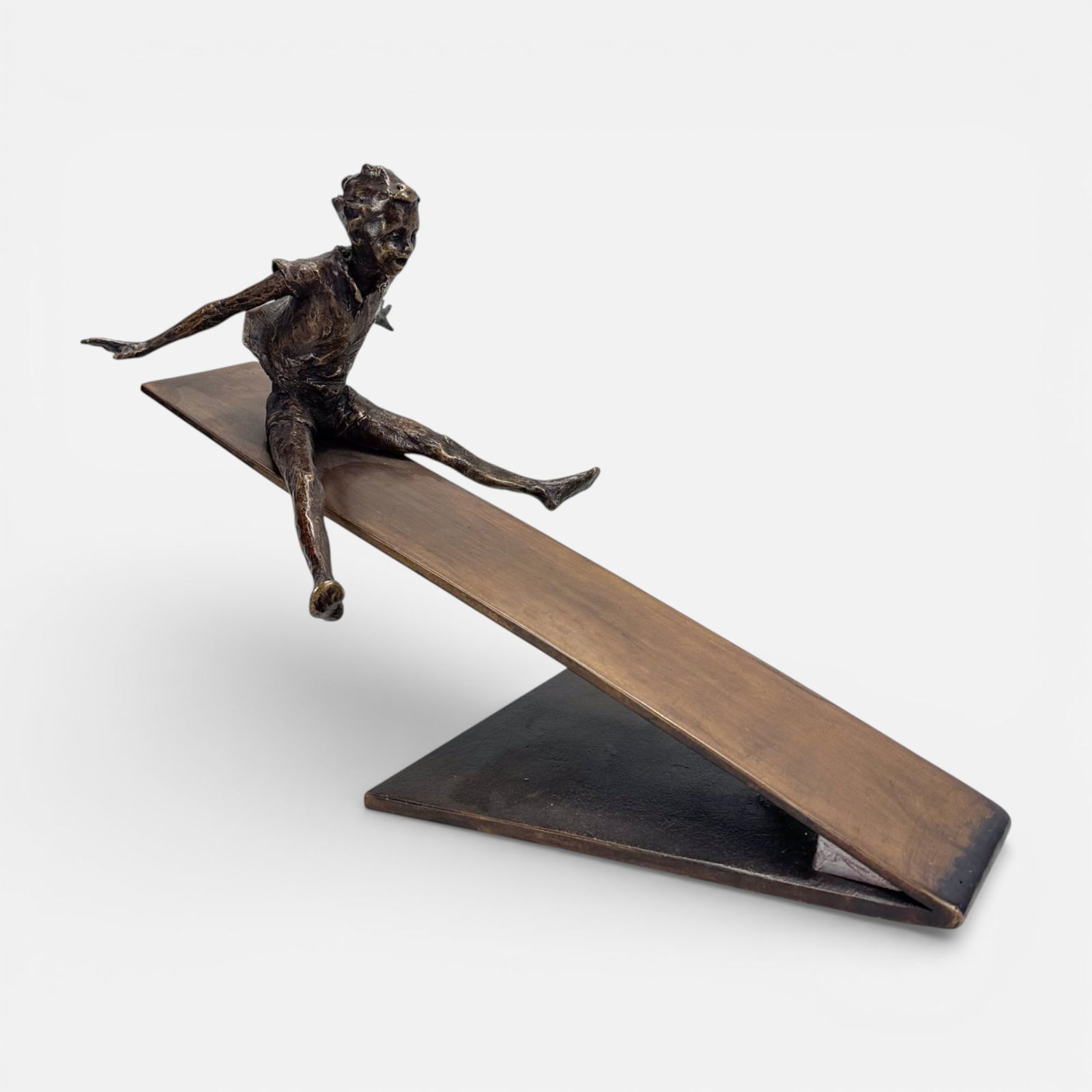 Jane Hamilton Boy Going Down a Slide Bronze Sculpture: Jane Hamilton (British, b. 1950), bronze, signed, dated, and numbered #2/10. See discoloration. For shipping, we highly recommend Donald Camden at UPS Store 4608. Alternatively, reach out to one of ou