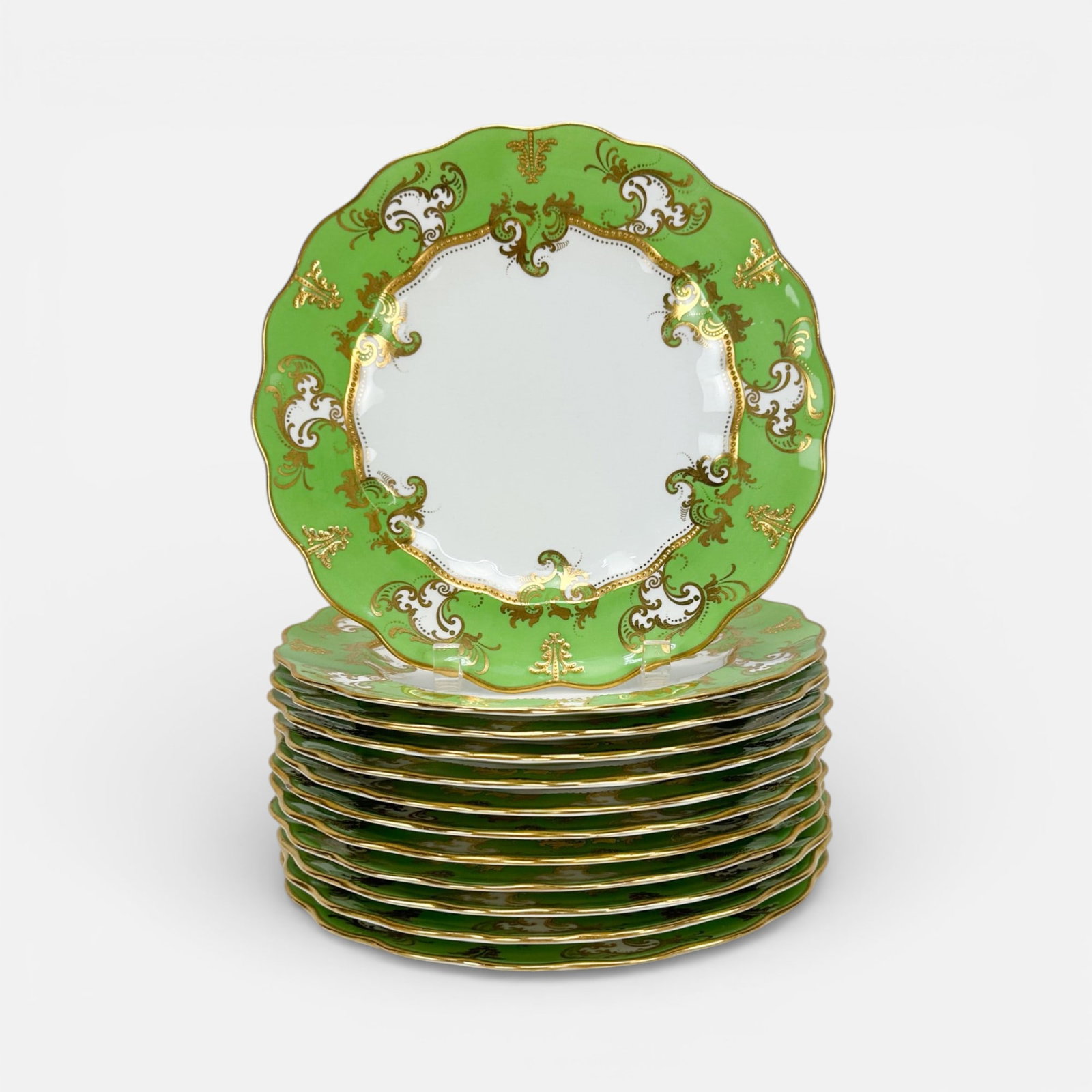 Twelve Antique Royal Crown Derby Gilt & Green Painted Porcelain Plates (1 of 8)