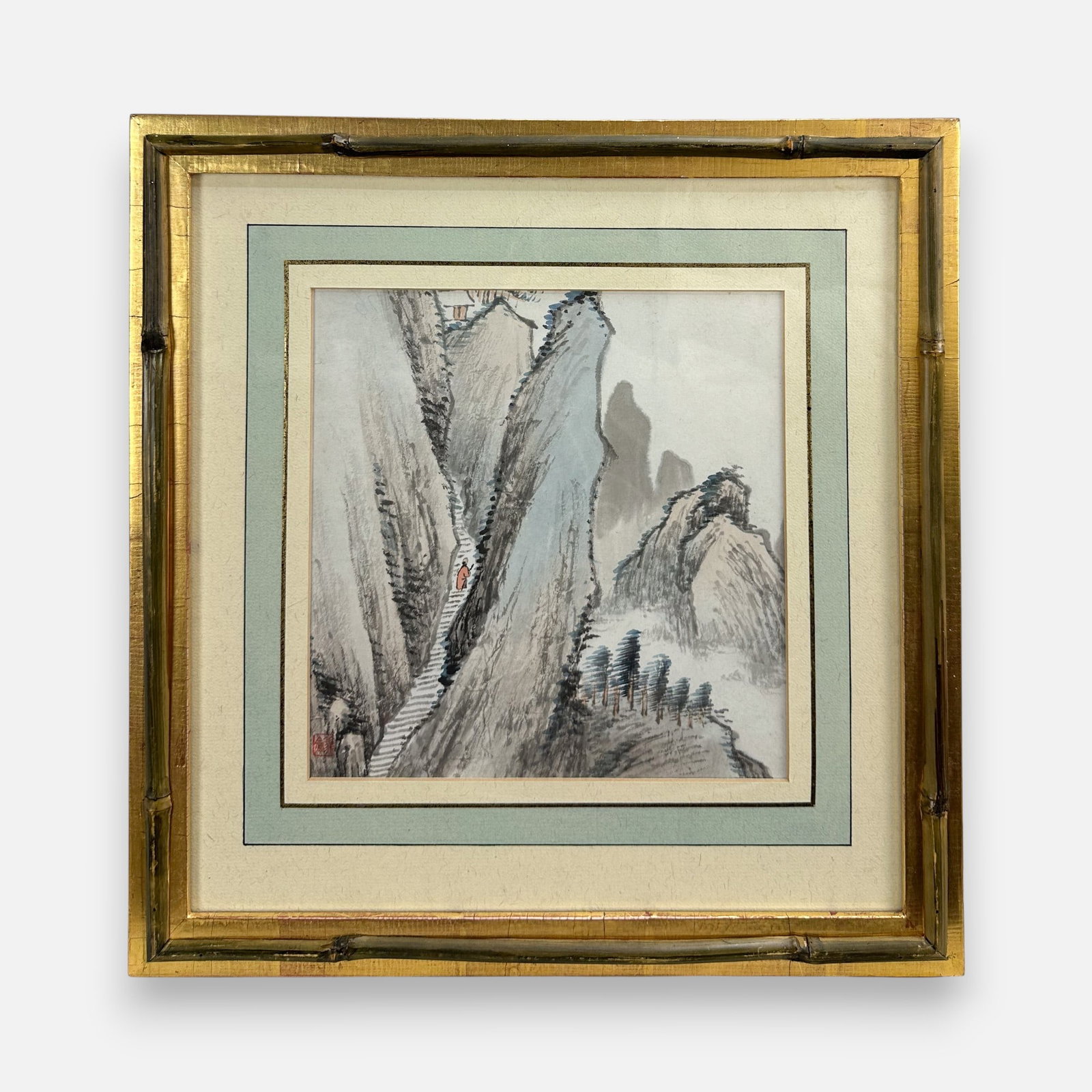 Chinese Ink w/Color Monk Climbing Mountain Path Landscape Painting: Approx. sight size 8 1/4" x 8 1/4". Framed, matted, and sealed as shown. Unexamined out of frame.For shipping, we highly recommend Donald Camden at UPS Store 4608. Alternatively, reach out to one of o