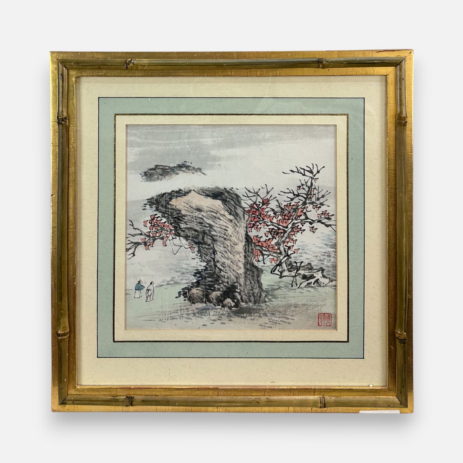 Chinese Ink w/Color Scholars Walking Along Landscape Painting: Approx. sight size 8 1/4" x 8 1/4". Framed, matted, and sealed as shown. Unexamined out of frame.For shipping, we highly recommend Donald Camden at UPS Store 4608. Alternatively, reach out to one of o
