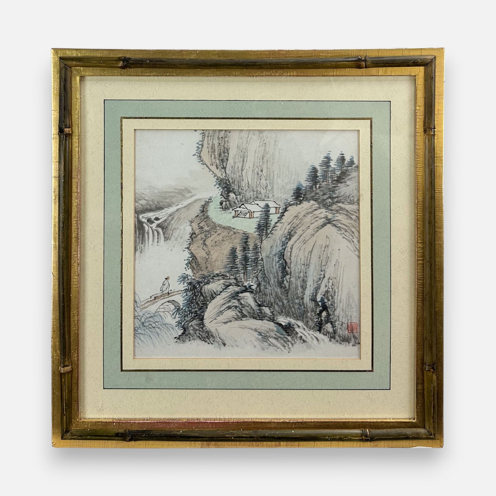 Chinese Ink w/Color Scholar Crossing Bridge Mountain Waterfall Landscape: Approx. sight size 8 1/4" x 8 1/4". Framed, matted, and sealed as shown. Unexamined out of frame.For shipping, we highly recommend Donald Camden at UPS Store 4608. Alternatively, reach out to one of o