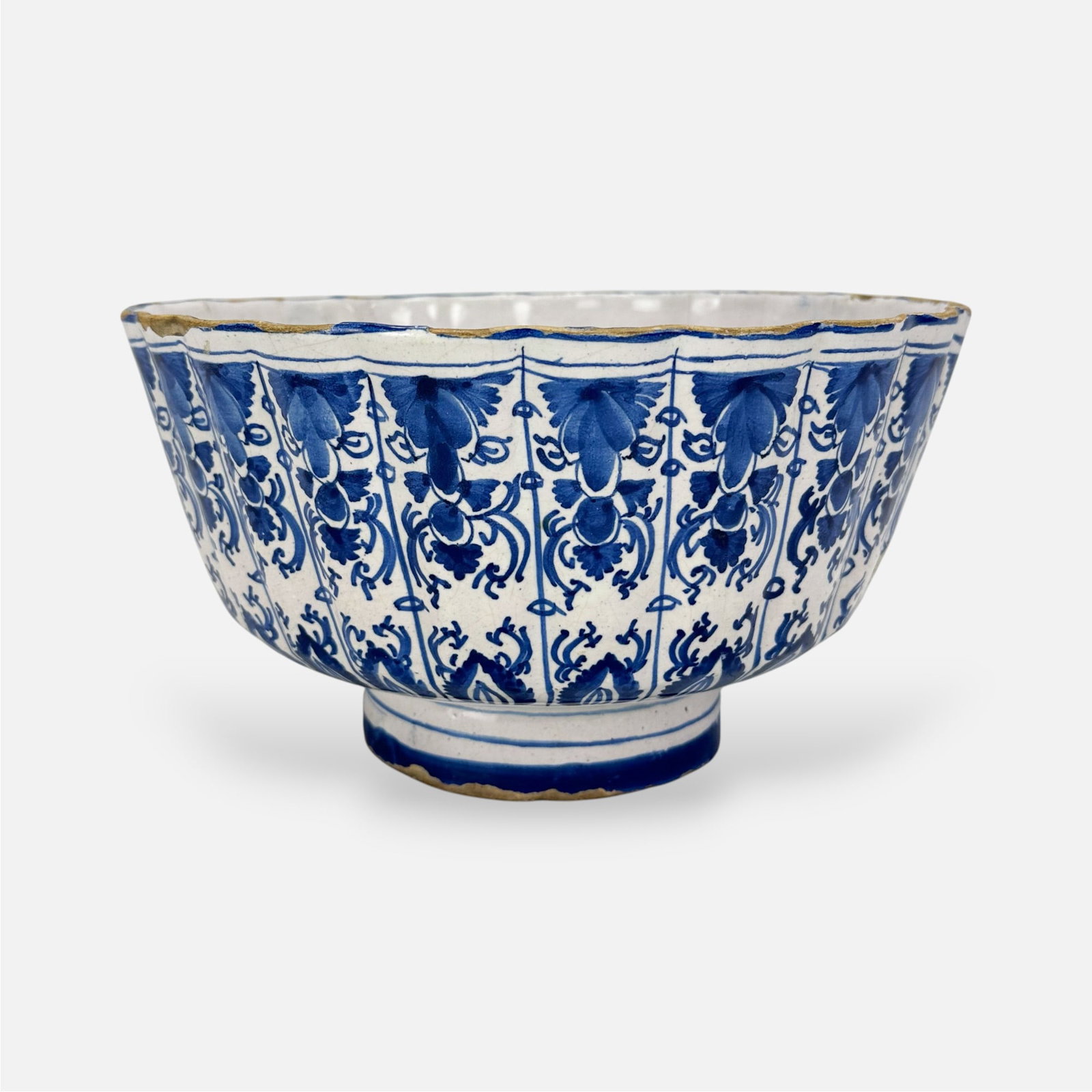 Antique 18thC English Export Delft Blue & White Lobed Paint Decorated Bowl: Fair condition, with rubs/nicks, glaze loss, and rim cracks.For shipping, we highly recommend Donald Camden at UPS Store 4608. Alternatively, reach out to one of our preferred shippers listed at the l