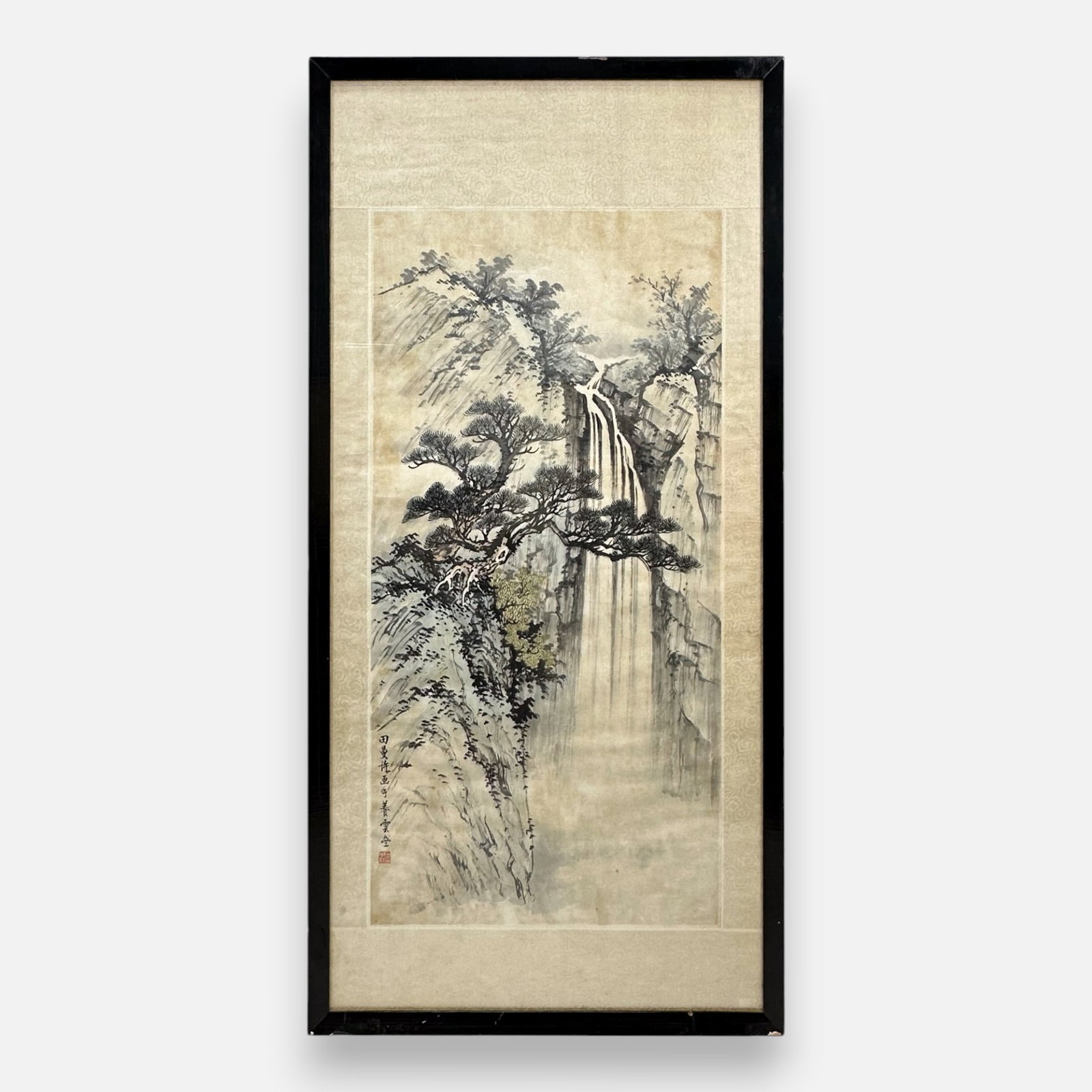 20thC Chinese Ink w/Color Mountain Waterfall Landscape Painting: See spots of discoloration, wrinkles. Approx. painting size 33" x 16 1/8".For shipping, we highly recommend Donald Camden at UPS Store 4608. Alternatively, reach out to one of our preferred shippers l