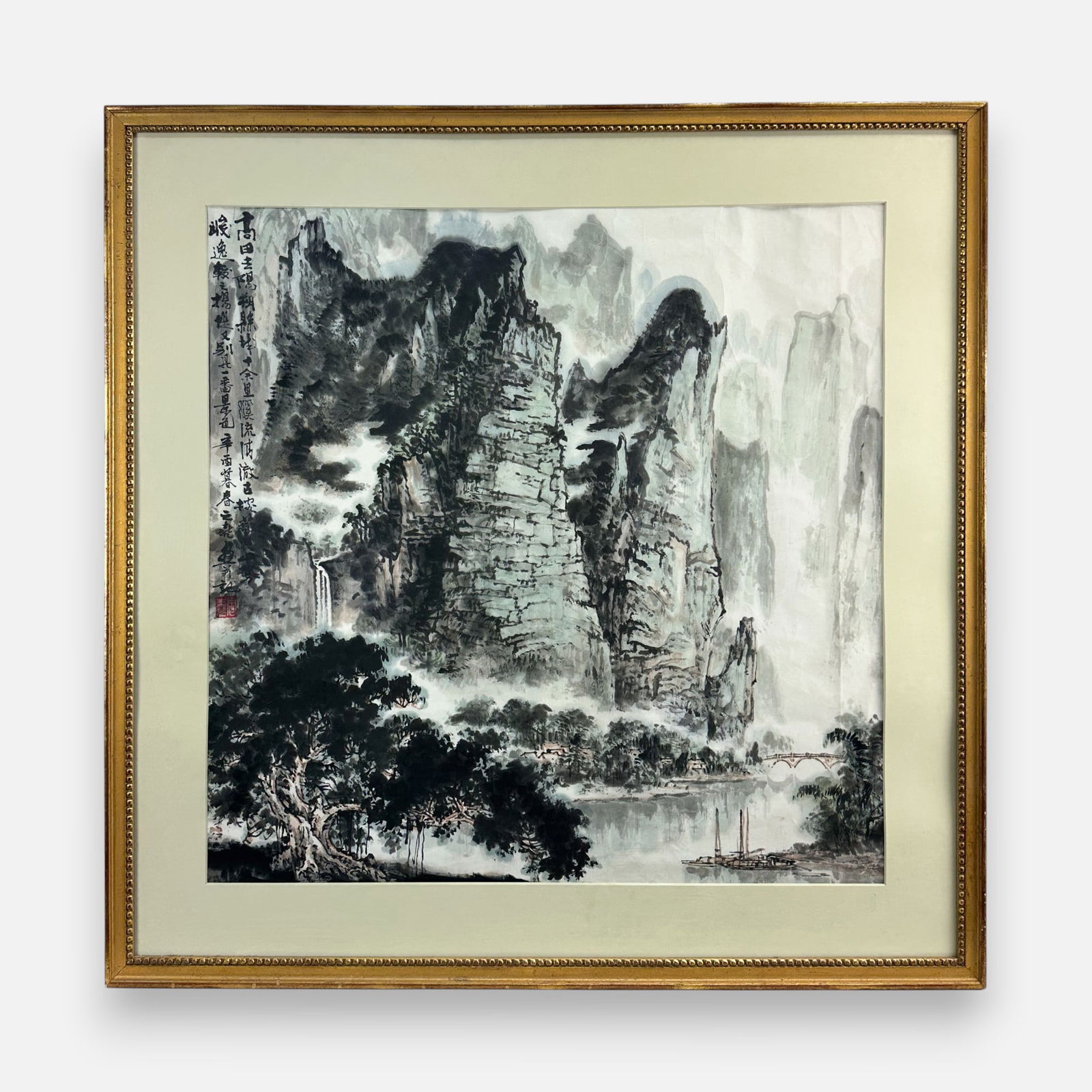 20thC Chinese Ink w/Color Mountain River Landscape Painting: Approx. sight size 26" x 25 1/2". Framed, matted, and sealed. Unexamined out of frame.For shipping, we highly recommend Donald Camden at UPS Store 4608. Alternatively, reach out to one of our preferre