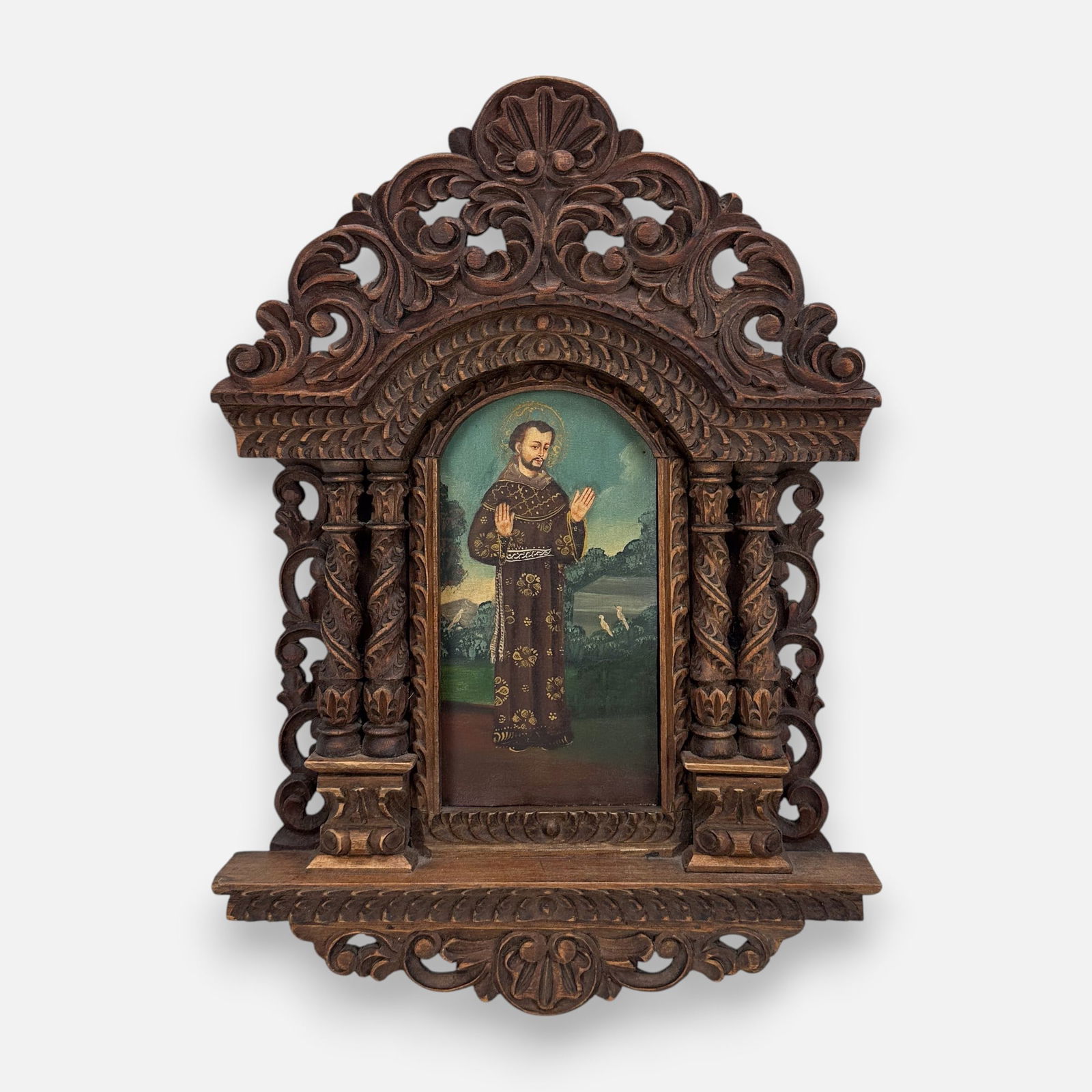 Cuzco "Saint Francis of Assisi" Religious Painting w/Carved Wood Font: Approx. sight size 8 1/4" x 4 1/8".For shipping, we highly recommend Donald Camden at UPS Store 4608. Alternatively, reach out to one of our preferred shippers listed at the link below or elect for Li