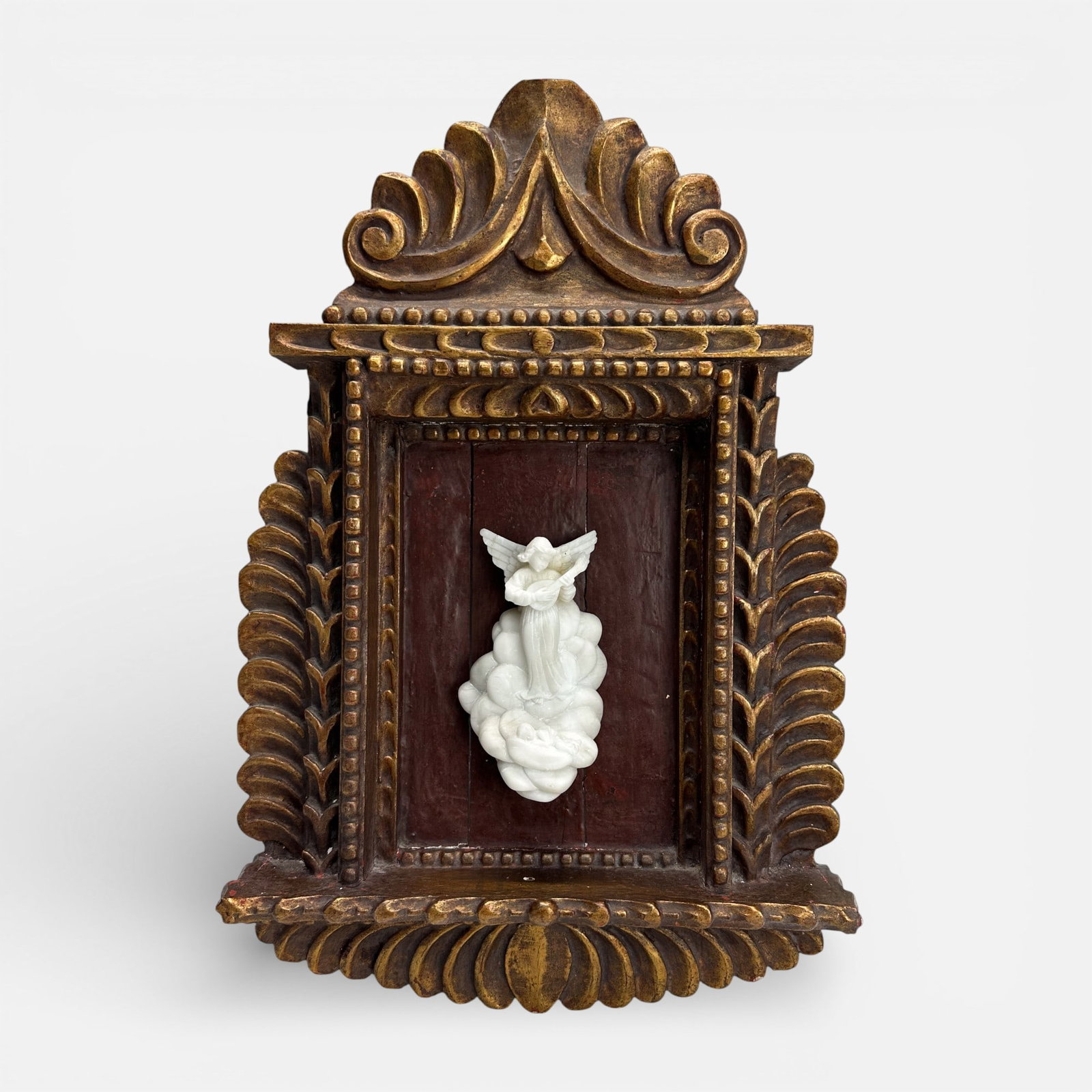 Antique Carved Gilt Wood & Marble Wall Font Figurine of Baby Jesus w/Angel Musician: Very good condition as shown. Carving measures approx. 7" height.For shipping, we highly recommend Donald Camden at UPS Store 4608. Alternatively, reach out to one of our preferred shippers listed at