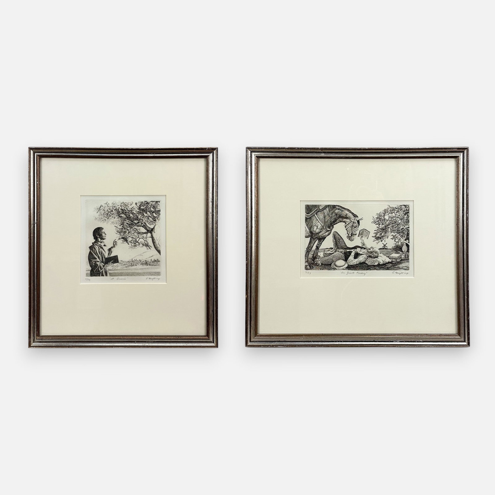 Frank Wright "St. Francis" & "Don Quixote Reading" Engraving Framed Prints: Frank Wright (American, 1932-2000), St. Francis and Don Quixote Reading, engravings, both prints pencil signed, titled, and numbered as shown. St. Francis approx. impression size 5 7/8" x 5 7/8".For s