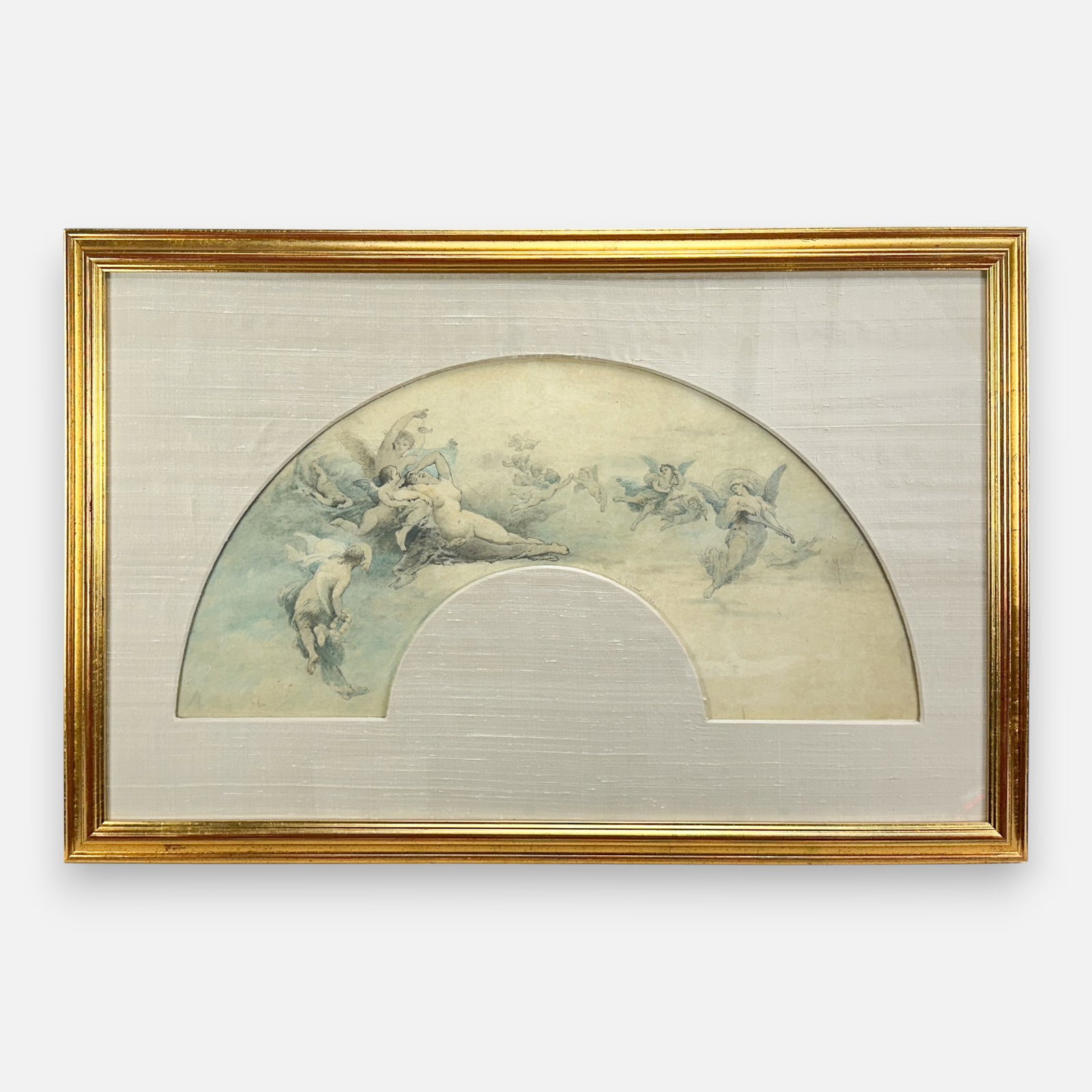 Joanny Domer 1880 Watercolor on Silk Fan-Form Classical Painting: Joanny Domer (French, 1833-1896), pencil signed "Jr. Domer" and dated 1880. Good condition as shown, with creases/repairs as shown in photos. Approx. sight size 12 1/2" x 26 1/4".For shipping, we high