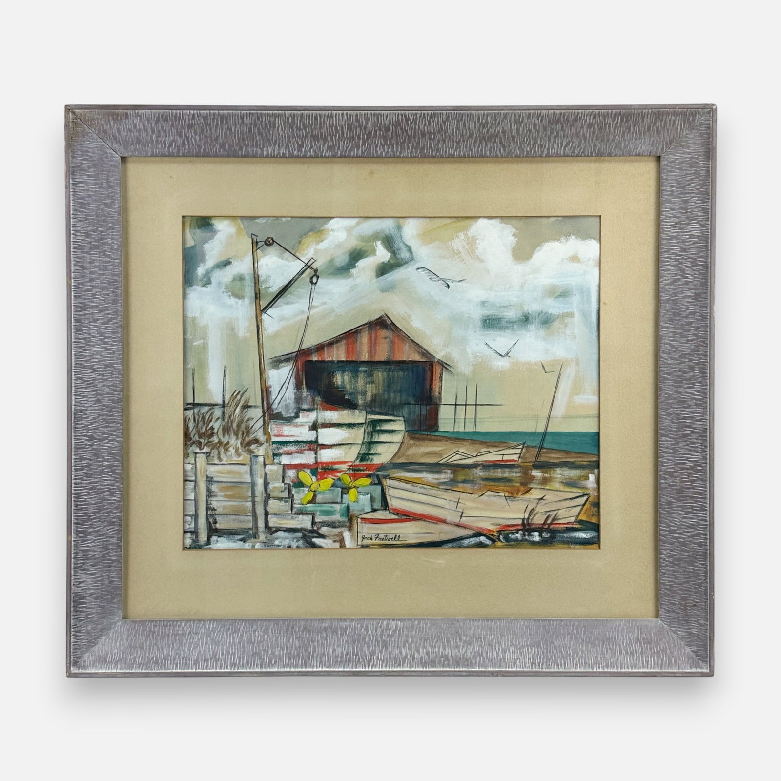 Jack Fretwell Modernist Cubist Boathouse Scene Gouache on Paper Painting: Approx. sight size 15 1/2" x 19 1/2". Framed, matted, and sealed.For shipping, we highly recommend Donald Camden at UPS Store 4608. Alternatively, reach out to one of our preferred shippers listed at