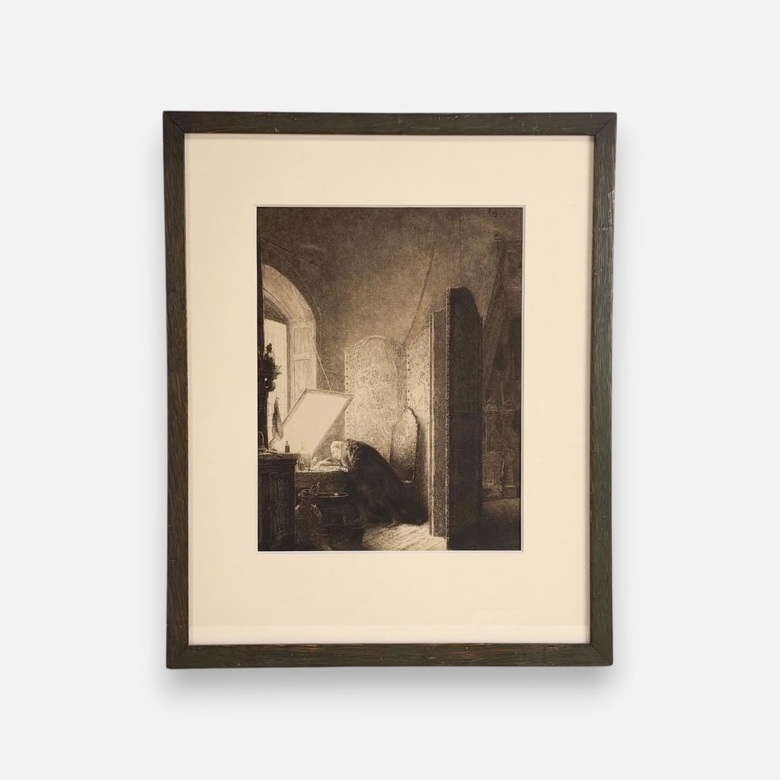 Jean Leon Gerome (After) "Rembrandt in His Studio" Antique Engraving Print: Paul-Adolphe Rajon (French, 1843-1888), Rembrandt in His Studio, plate signed upper right. Approx. sight size 8 3/4" x 6 3/4" For shipping, we highly recommend Donald Camden at UPS Store 4608. Alterna