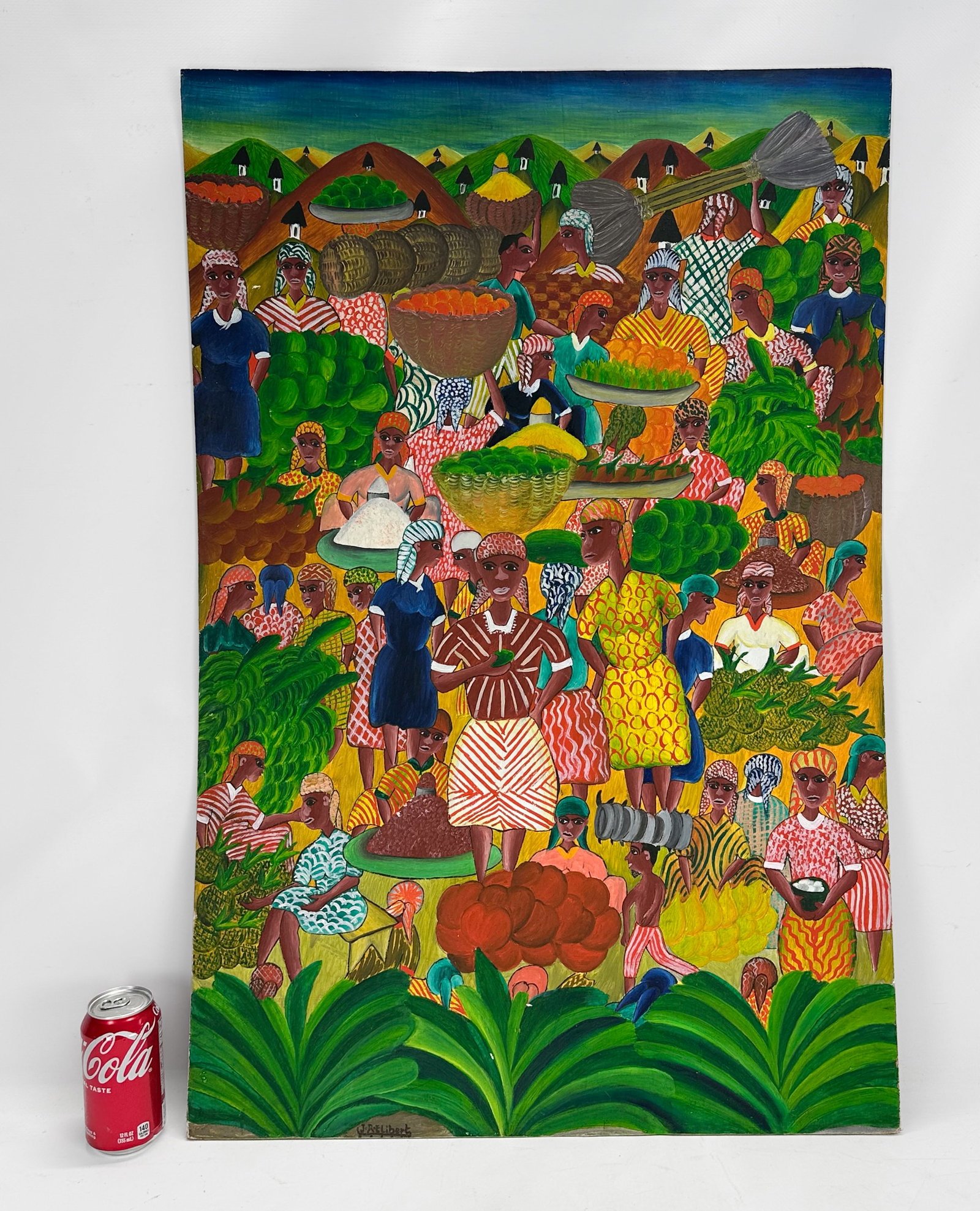 Artist Signed Haitian Oil on Panel Colorful Painting of Busy Market Scene: Signed lower left. Slightly bent board.For shipping, we highly recommend Donald Camden at UPS Store 4608. Alternatively, reach out to one of our preferred shippers listed at the link below or elect fo