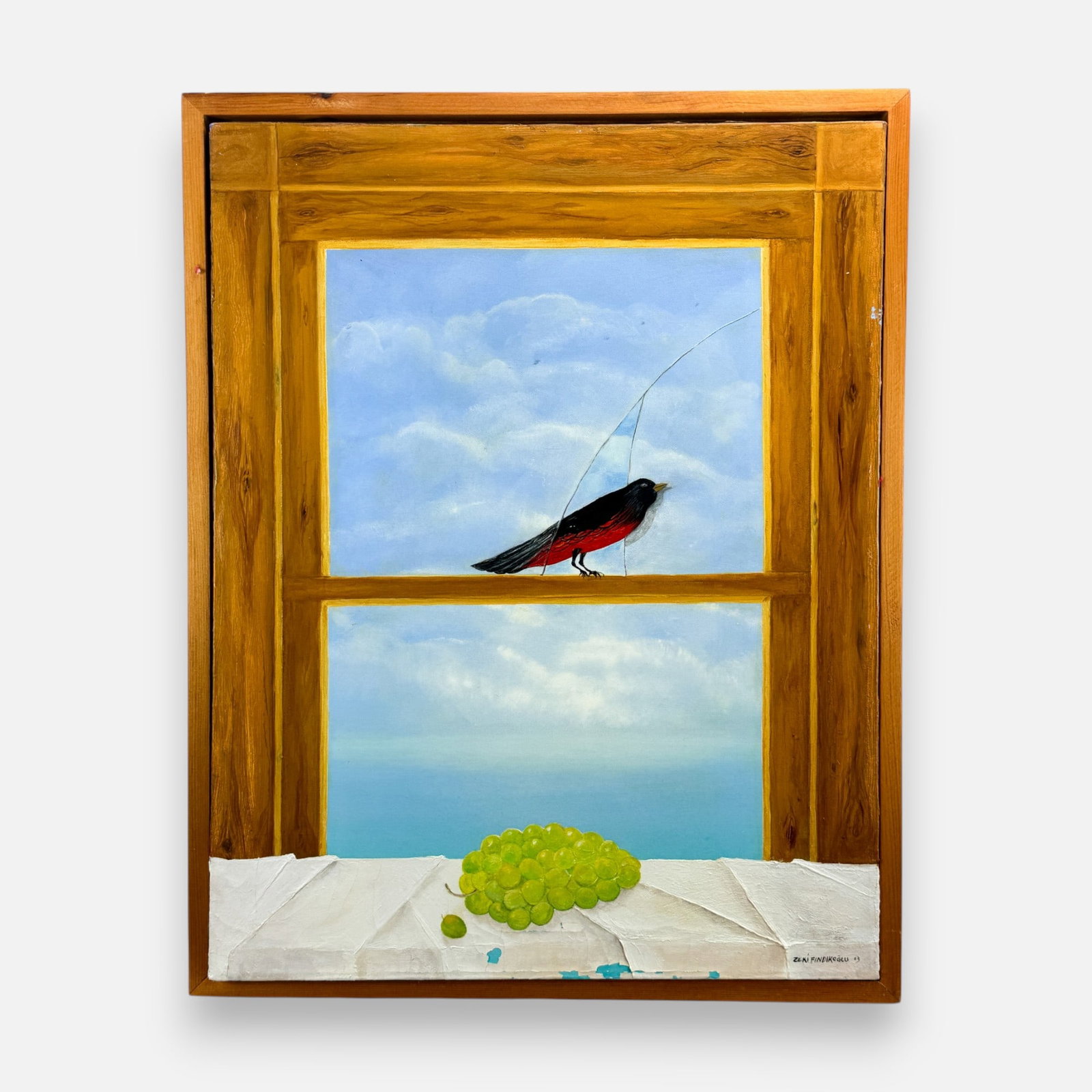 Zeki Findikoglu Bird Behind Broken Window 2003 Turkish Oil on Canvas Painting: Signed and dated 2003 lower right. Fair to good as shown, see paint lifting, discoloration, and rubs. Approx. stretcher size 28" x 22". For shipping, we highly recommend Donald Camden at UPS Store 460