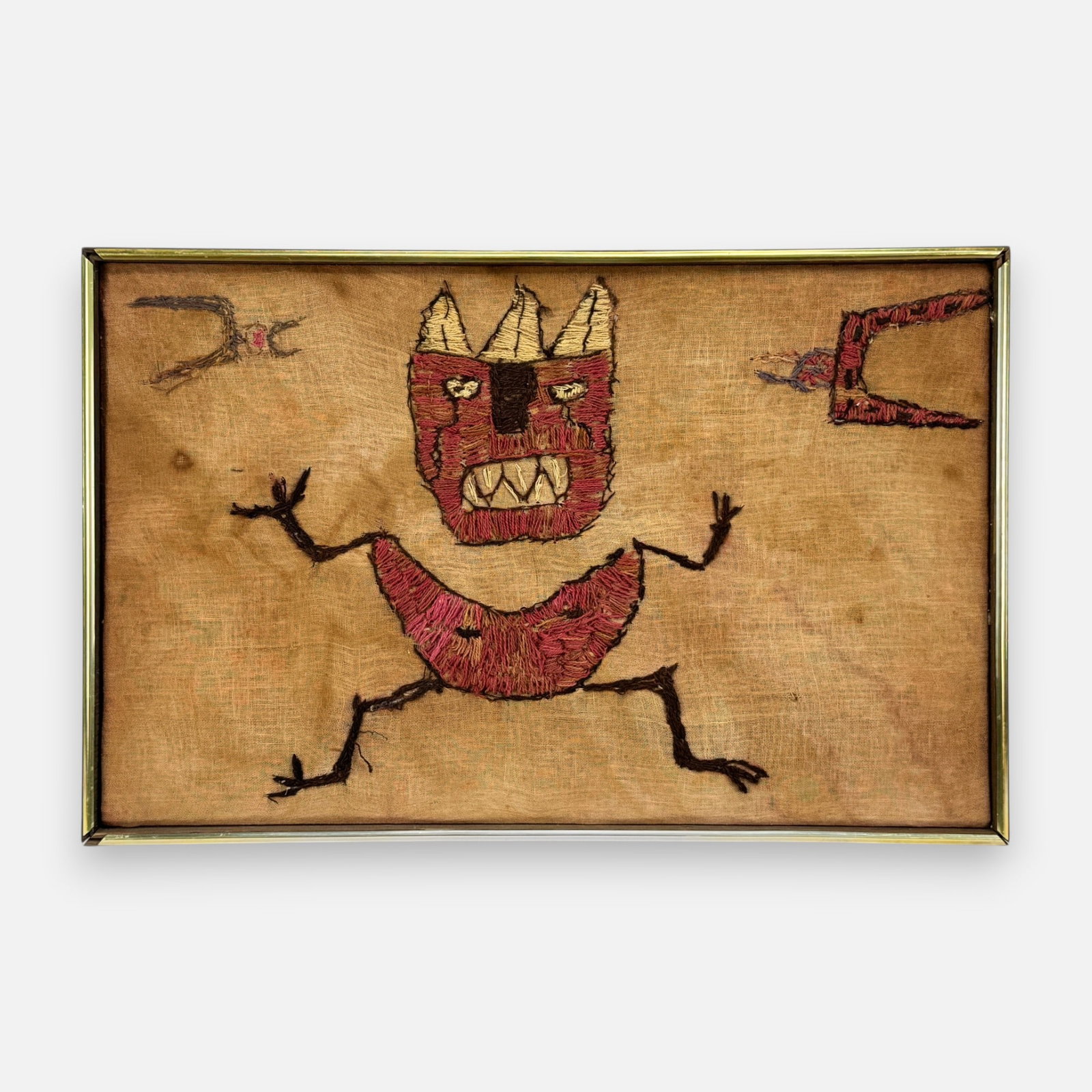 Old Outsider Art Devil With Birds Embroidery on Linen Framed Picture: Approx. stretcher size 14" x 21 3/4"For shipping, we highly recommend Donald Camden at UPS Store 4608. Alternatively, reach out to one of our preferred shippers listed at the link below or elect for L