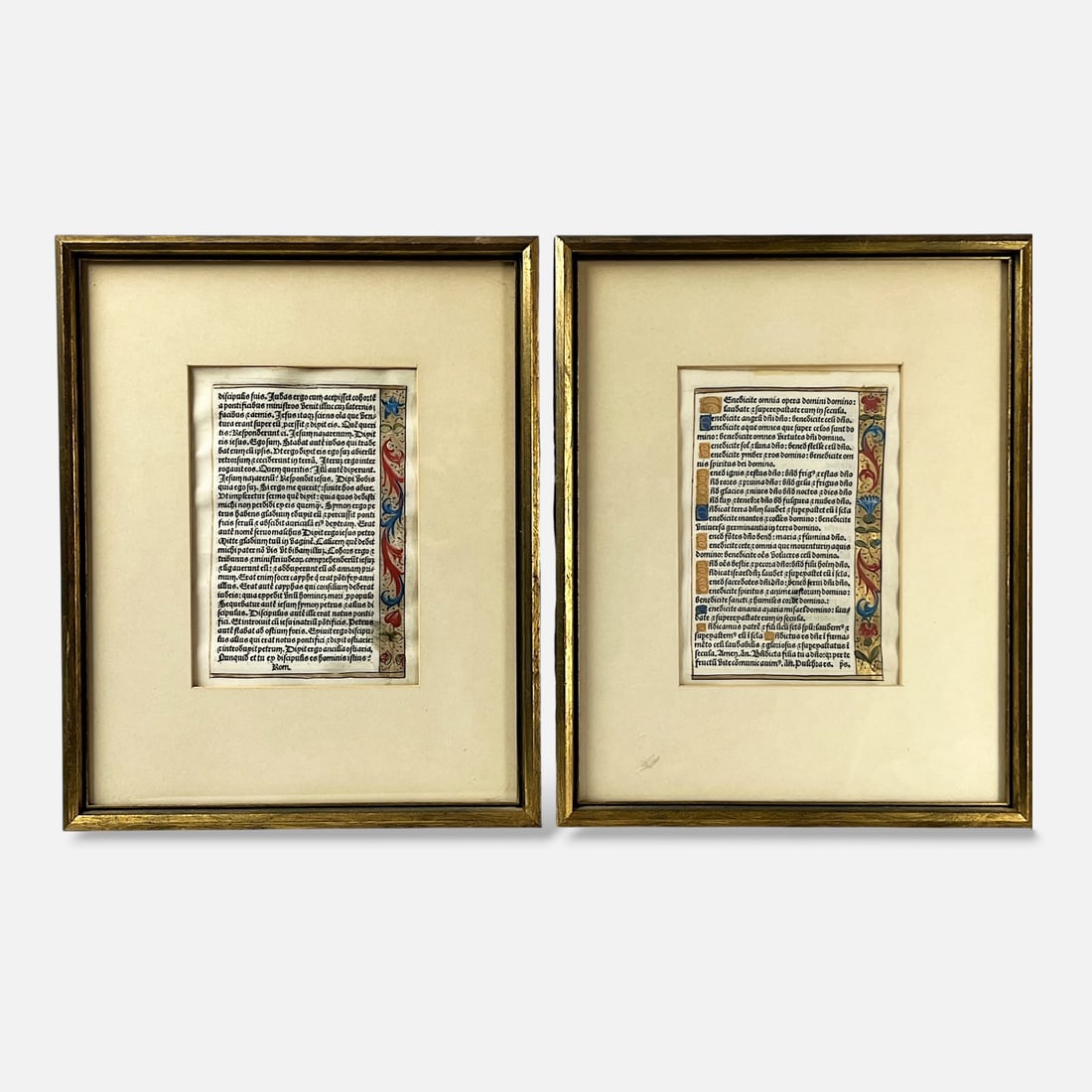 Two Germain Hardouyn Antique 16thC Illuminated Manuscript Leaves on Vellum From "Book of Hours": Ca. first half 16thC. Hand decorated, printed text. For shipping, we highly recommend Donald Camden at UPS Store 4608. Alternatively, reach out to one of our preferred shippers listed at the link belo