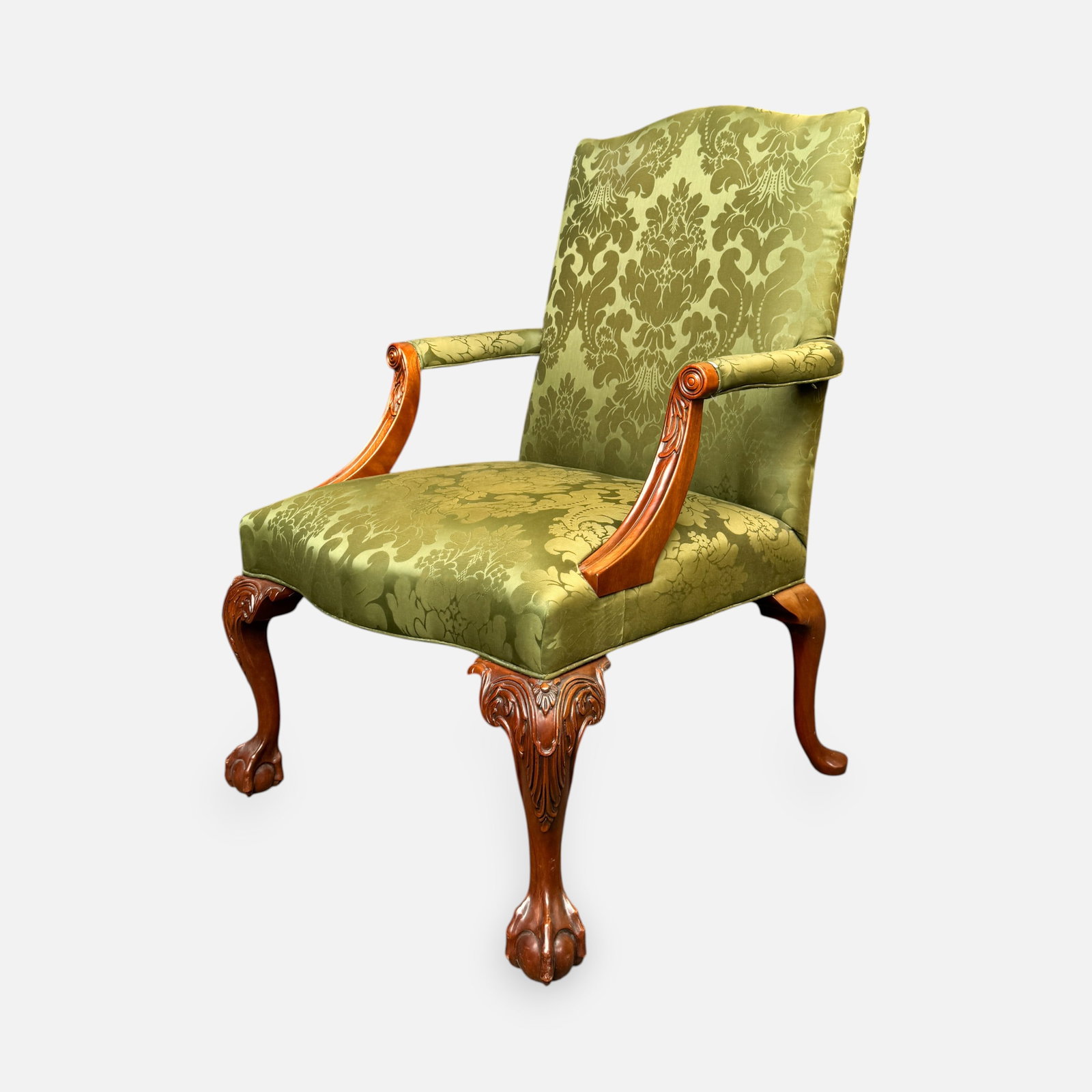 Southwood Mahogany Chippendale Lolling Armchair w/Green Damask Upholstery (1 of 9)
