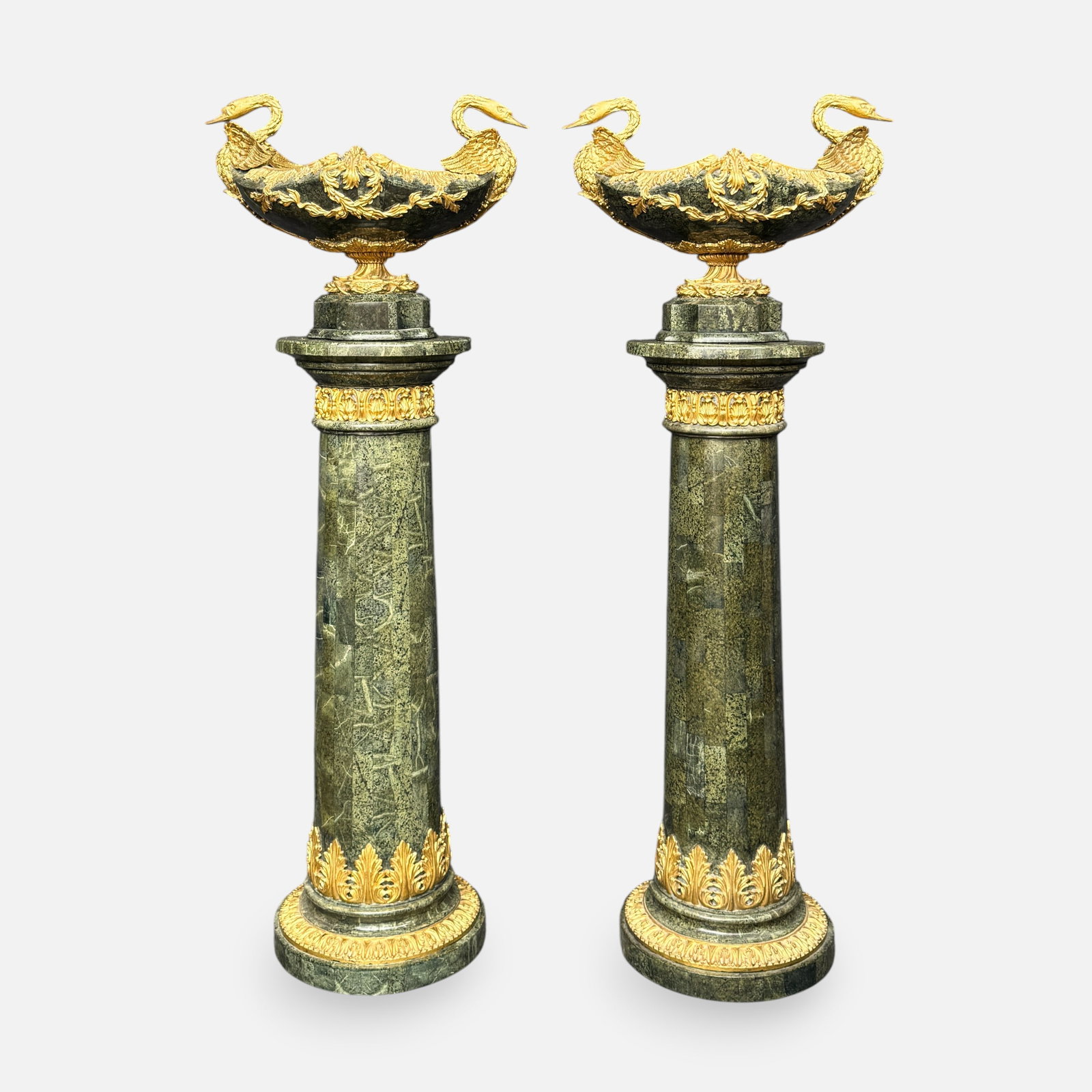 Pair Contemporary Verde Marble & Gilt Swan-Handled Jardiniere on Column Plinths (1 of 9)