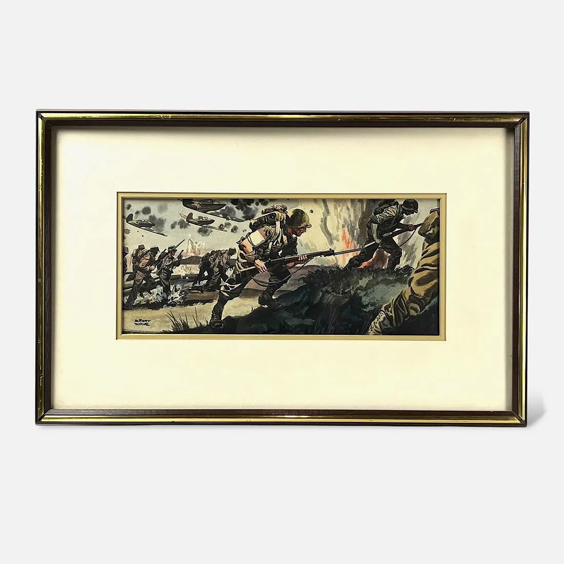 Albert Dorne WWII Battle Scene Illustration Gouache on Board Original Painting: Albert Dorne (American, 1904-1965), gouache on board, signed lower left. Approx. board size 7 1/2" x 16 1/4". For shipping, we highly recommend Donald Camden at UPS Store 4608. Alternatively, reach ou